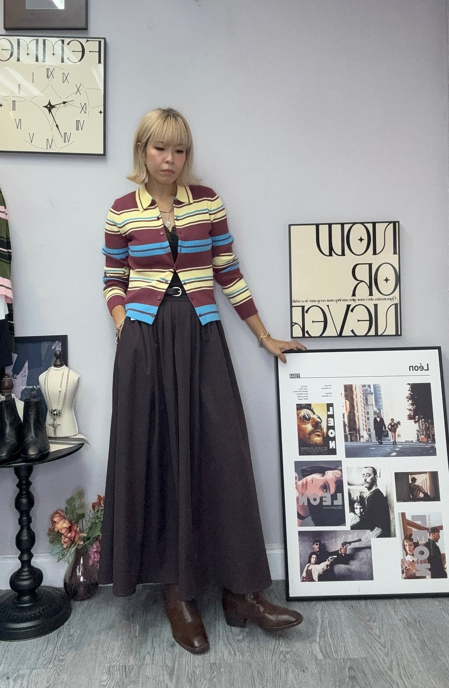 Striped fine knit cardigan