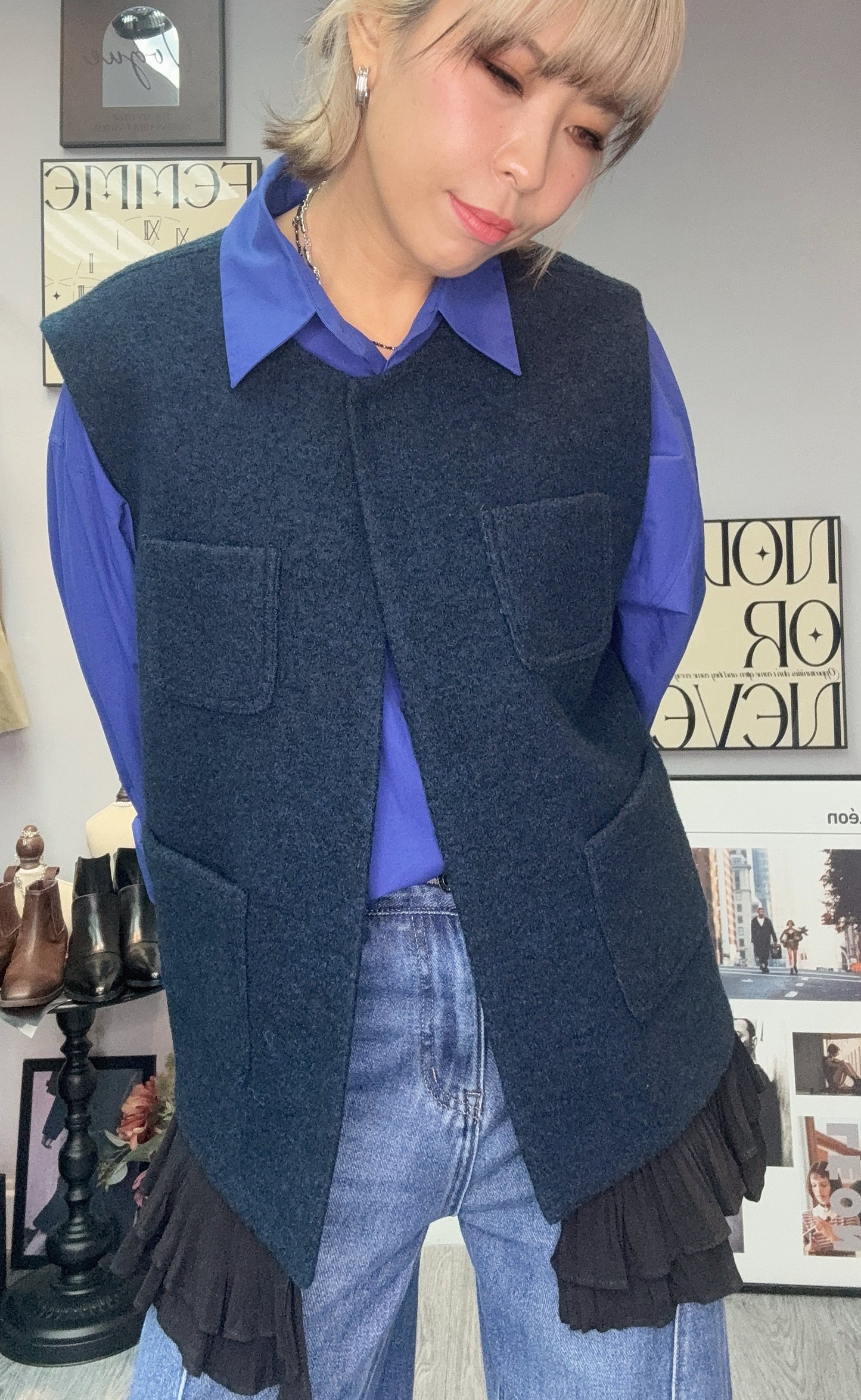 Pleated hem vest wool jacket