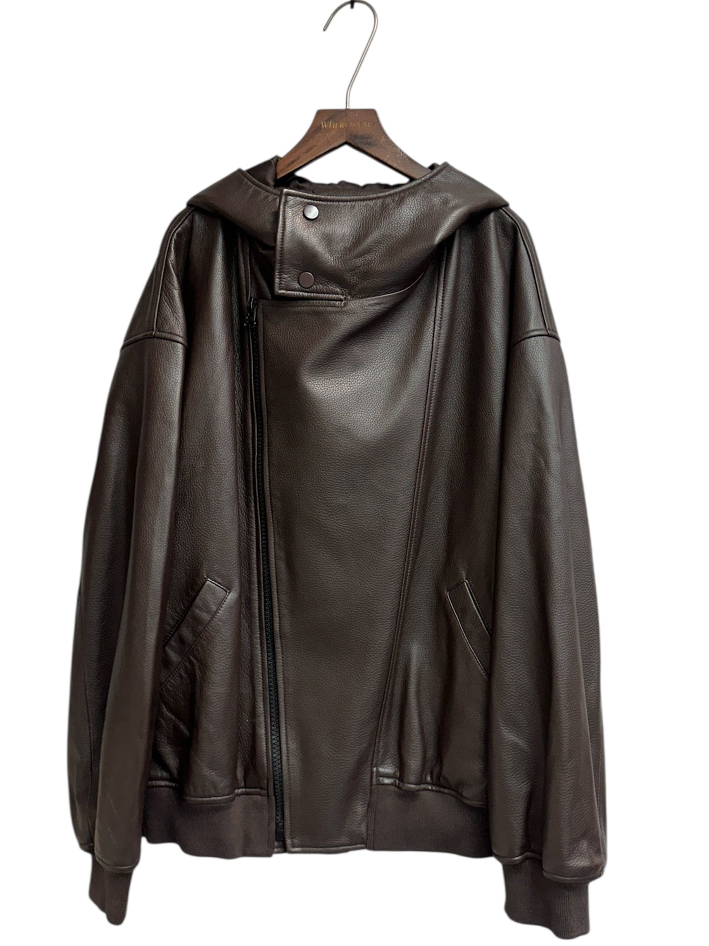 With hat leather jacket