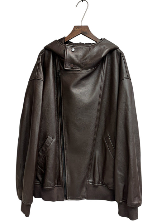 With hat leather jacket