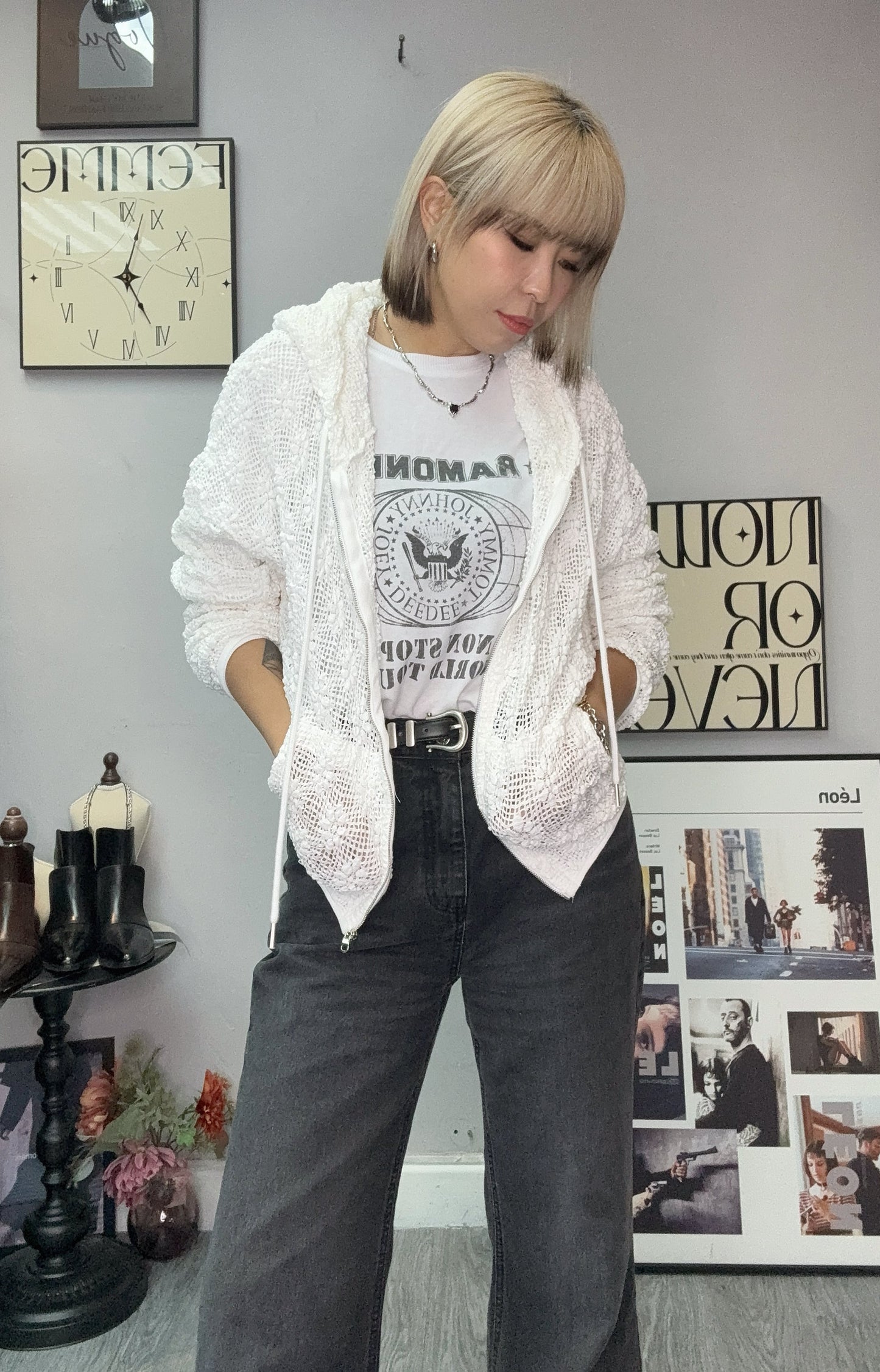 With hat full lace zip cardigan