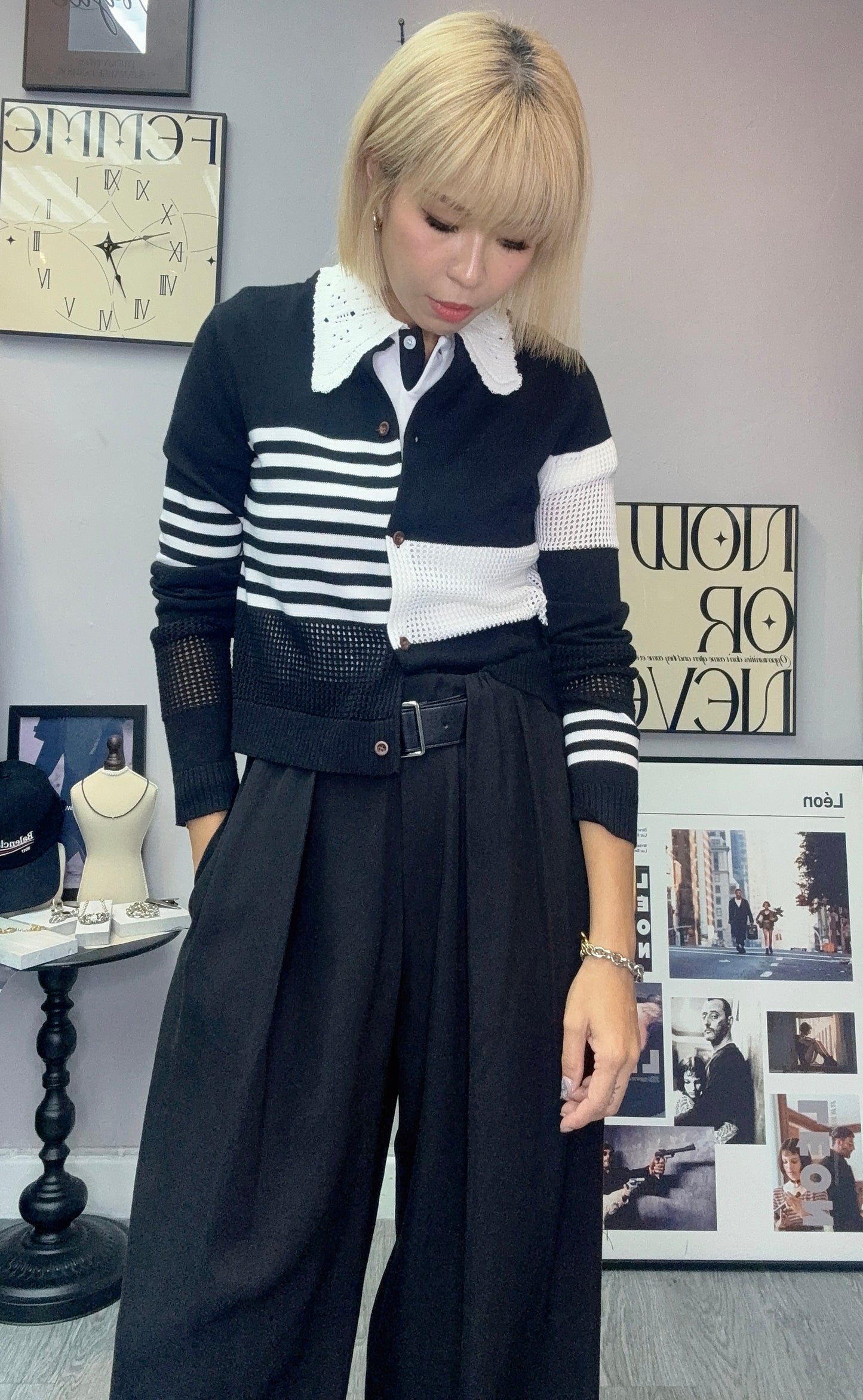 Black and white knit cardigan