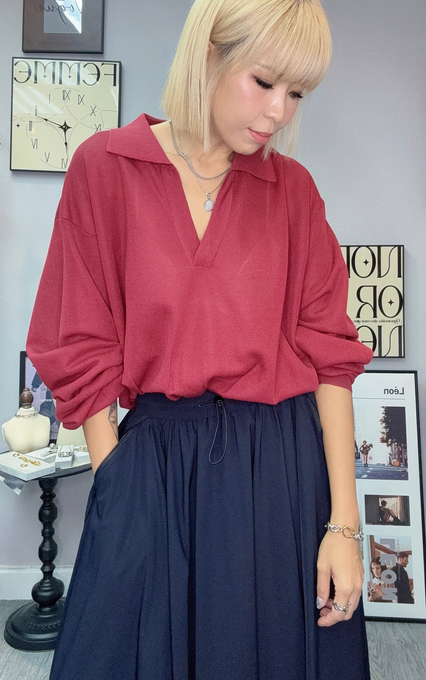 Polo knit long sleeves top