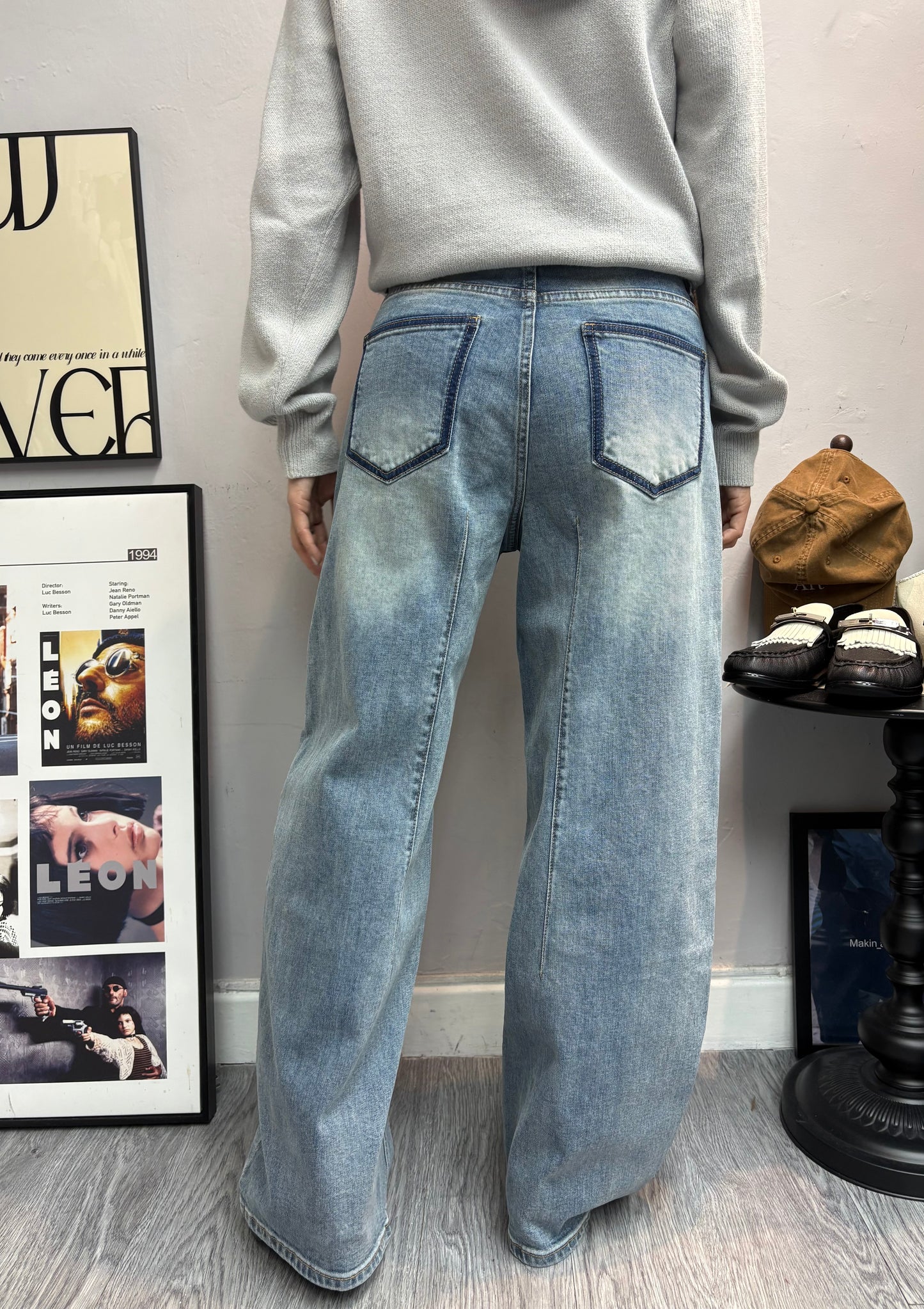 Side blue line stone wash jeans #00240