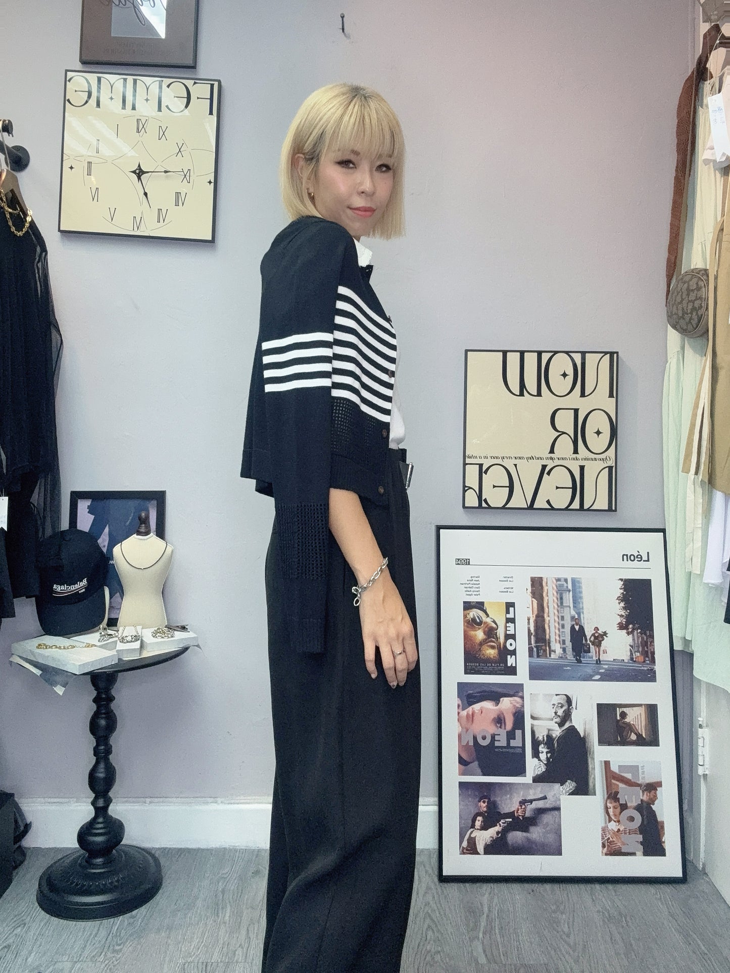 Black and white knit cardigan