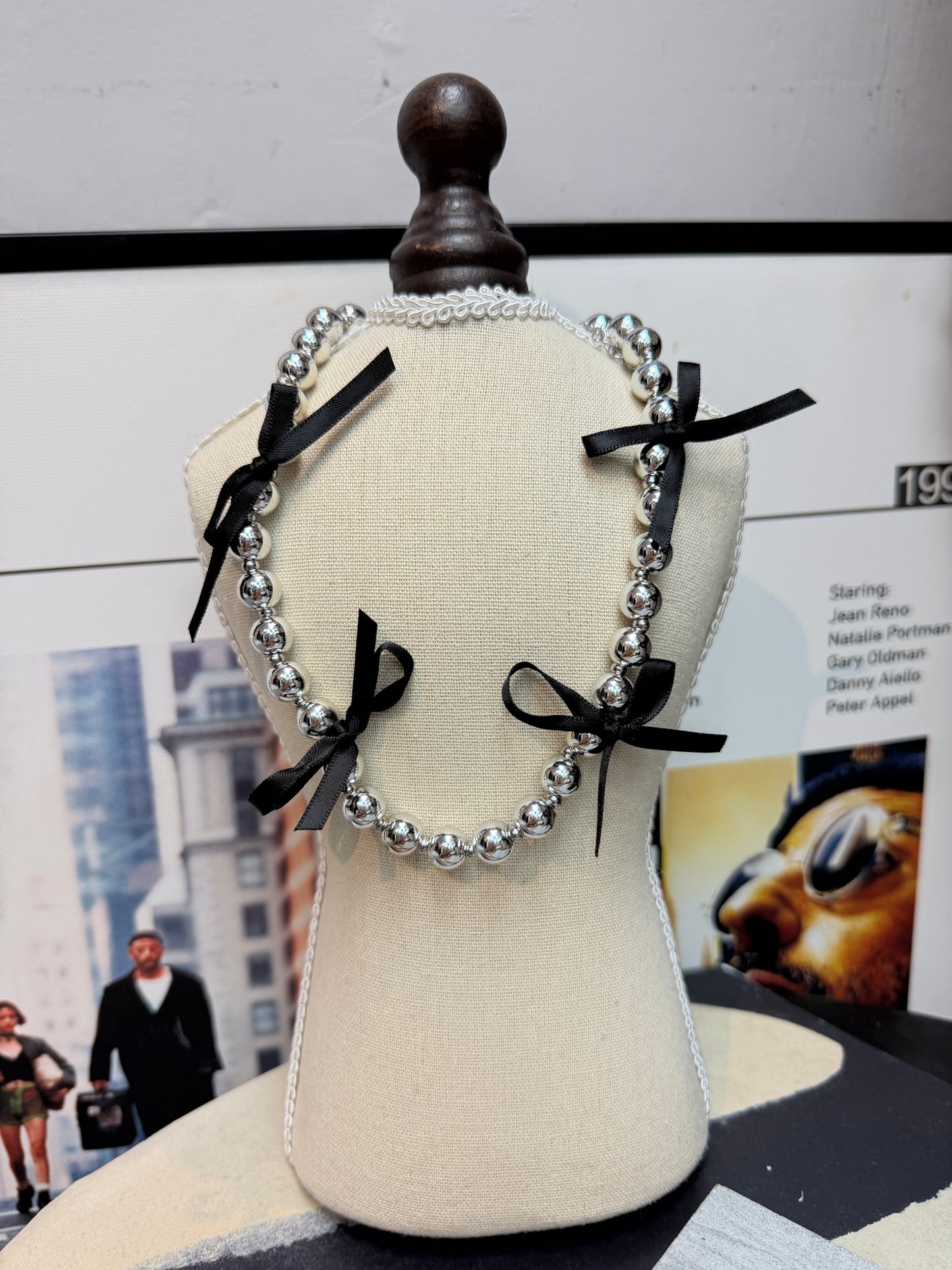 Black ribbon silver beads necklace