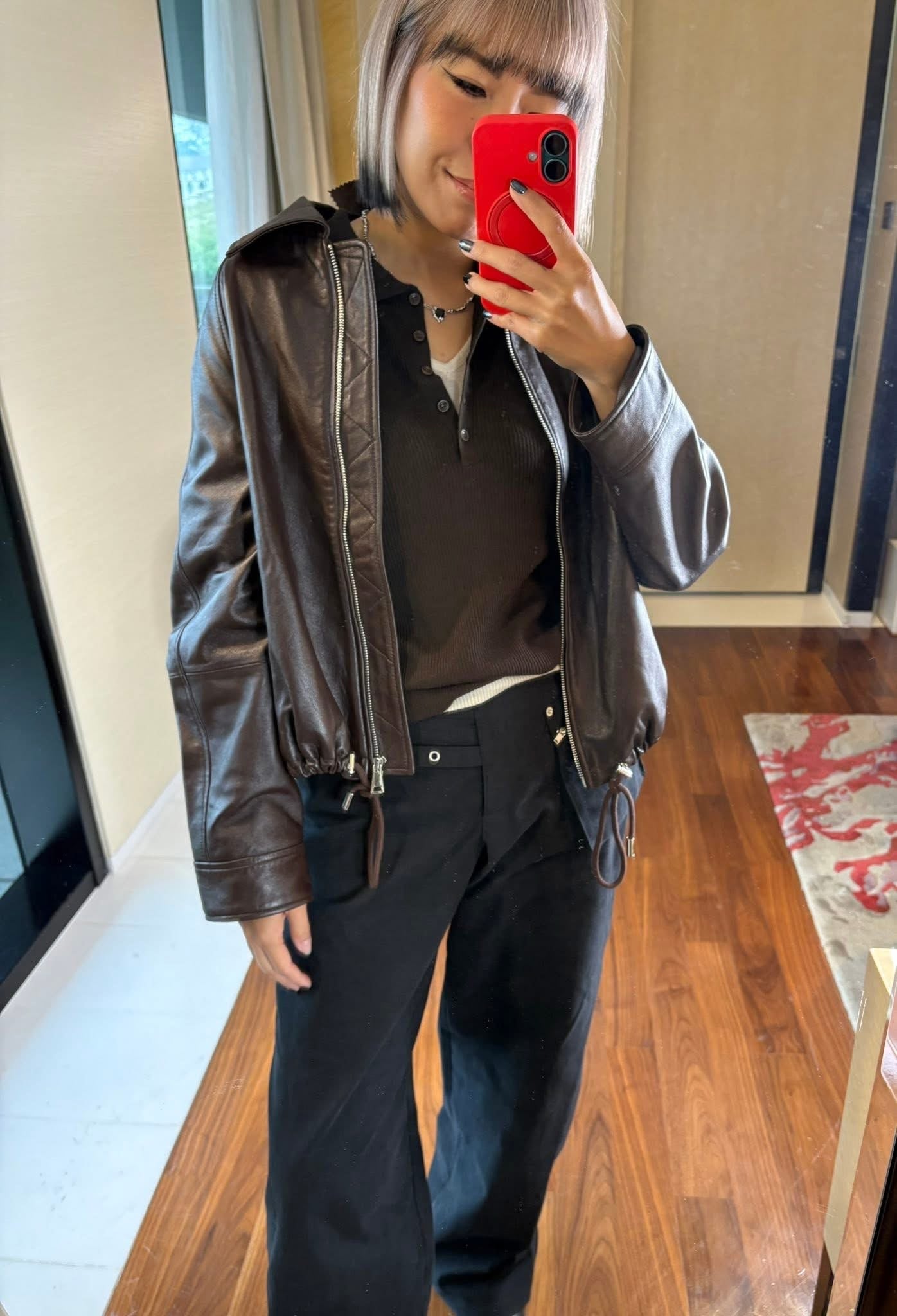 Shirt collar leather zip jacket