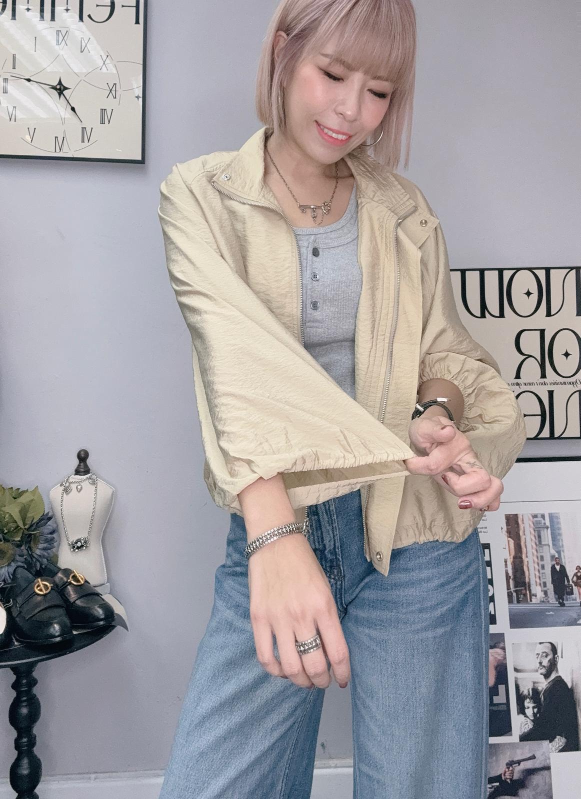 (-20% Off)Puff Sleeves Zip Jacket