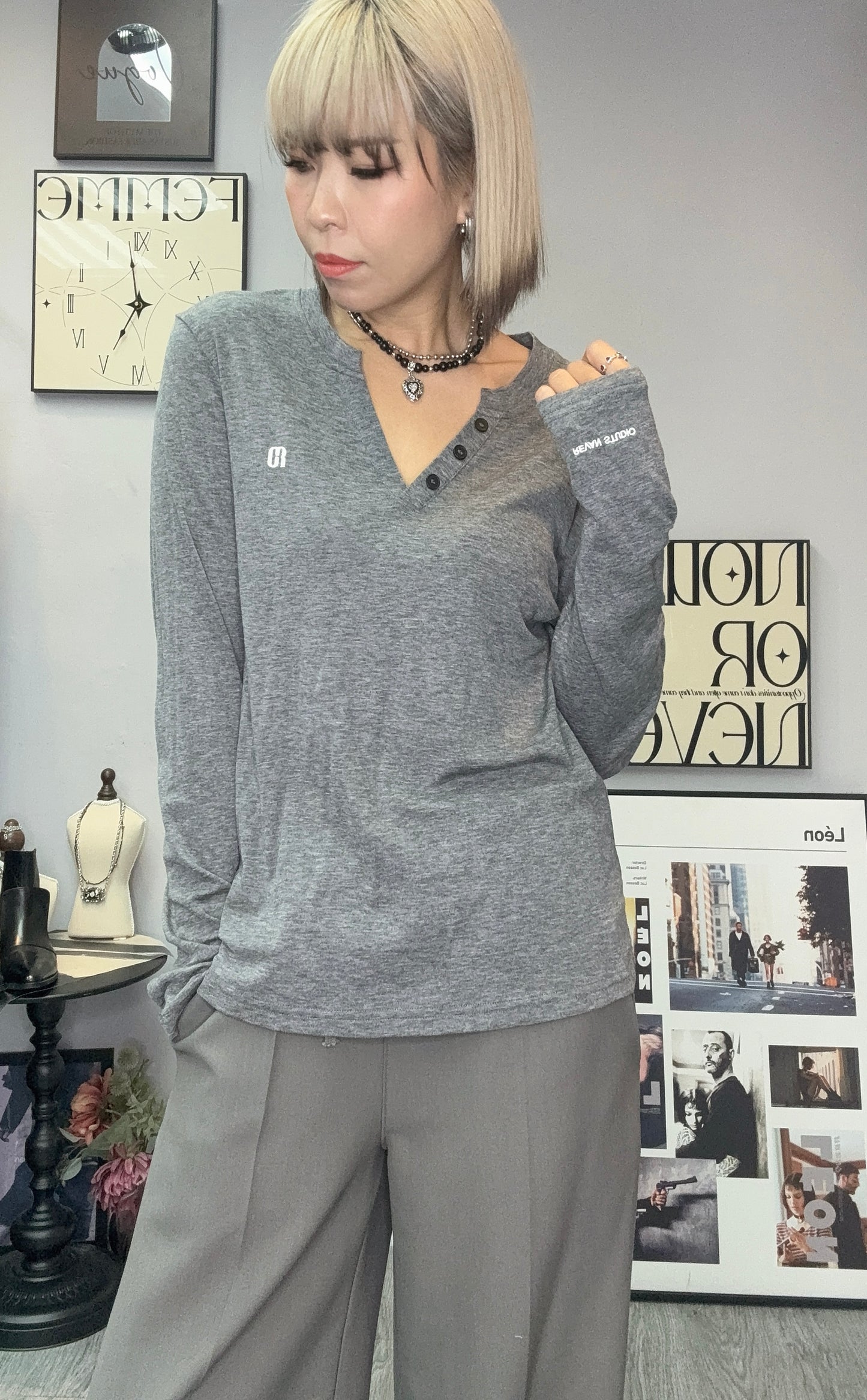 V neck embroidered logo top