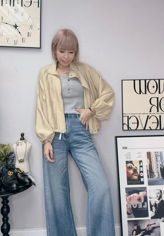 (-20% Off)Puff Sleeves Zip Jacket