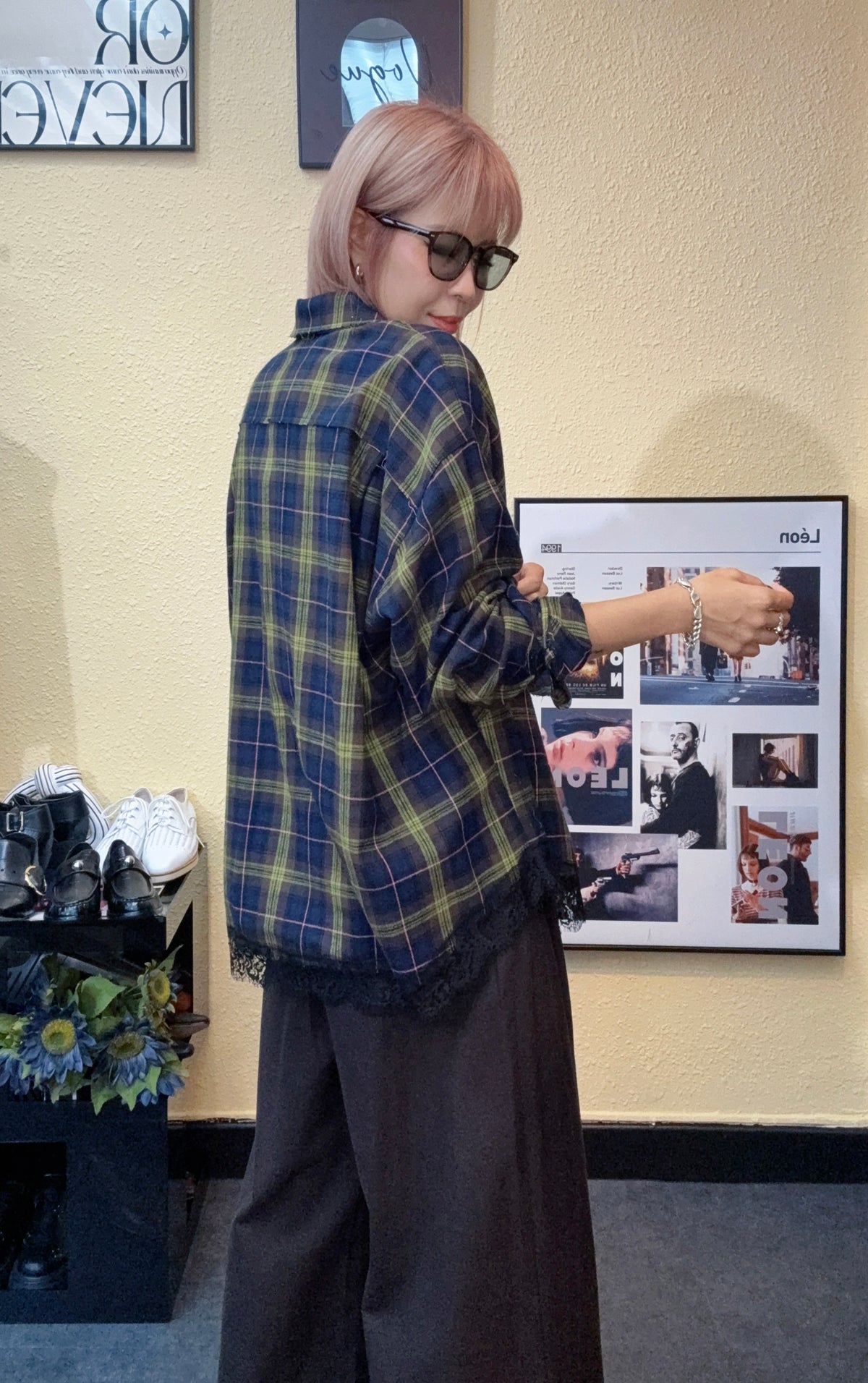 Checked loose lace hem shirt #00919