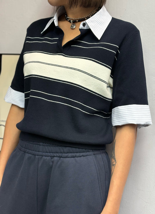 Fake two piece middle sleeves knit blouse