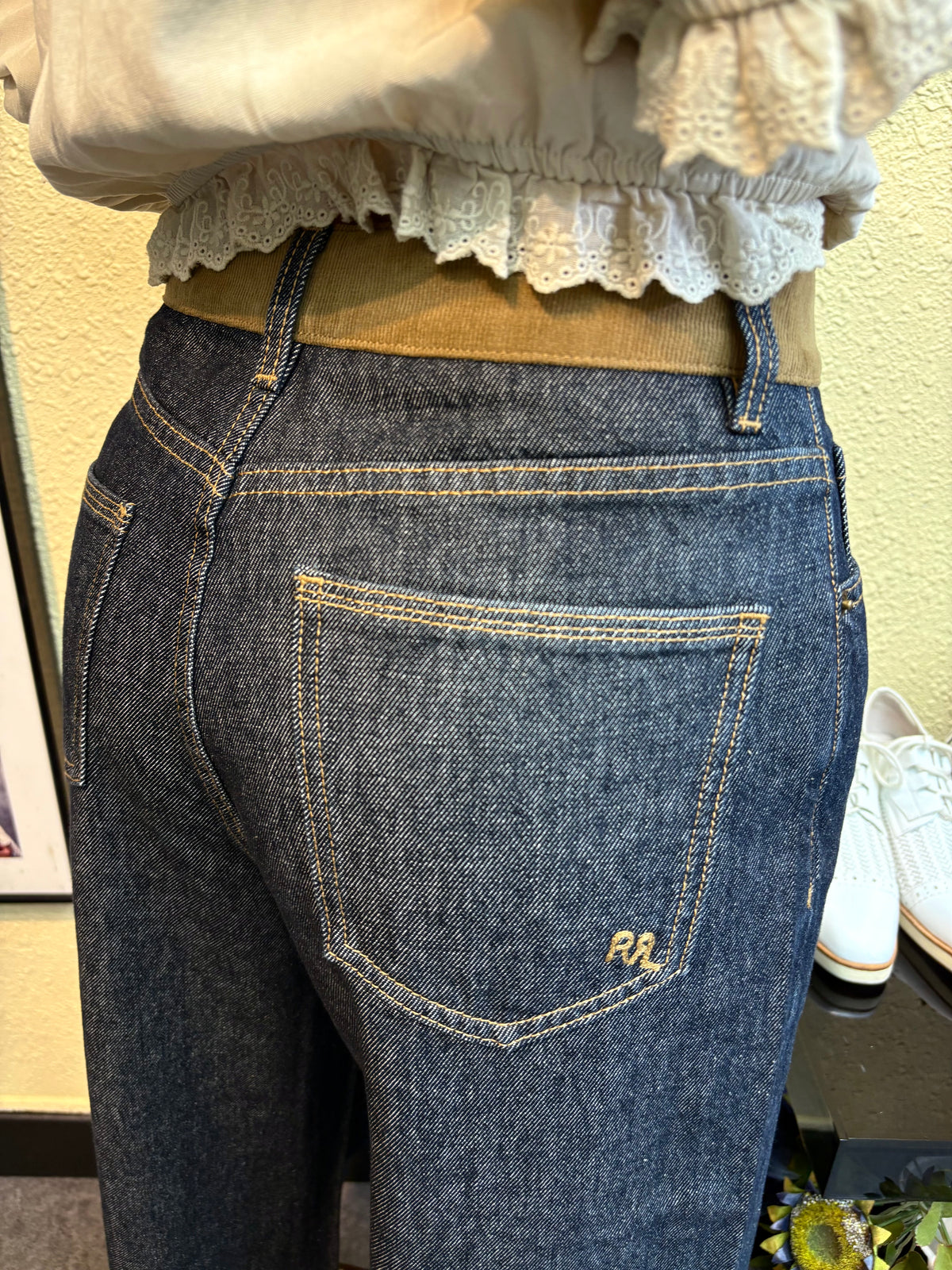 Camel color waist denim pants #00896