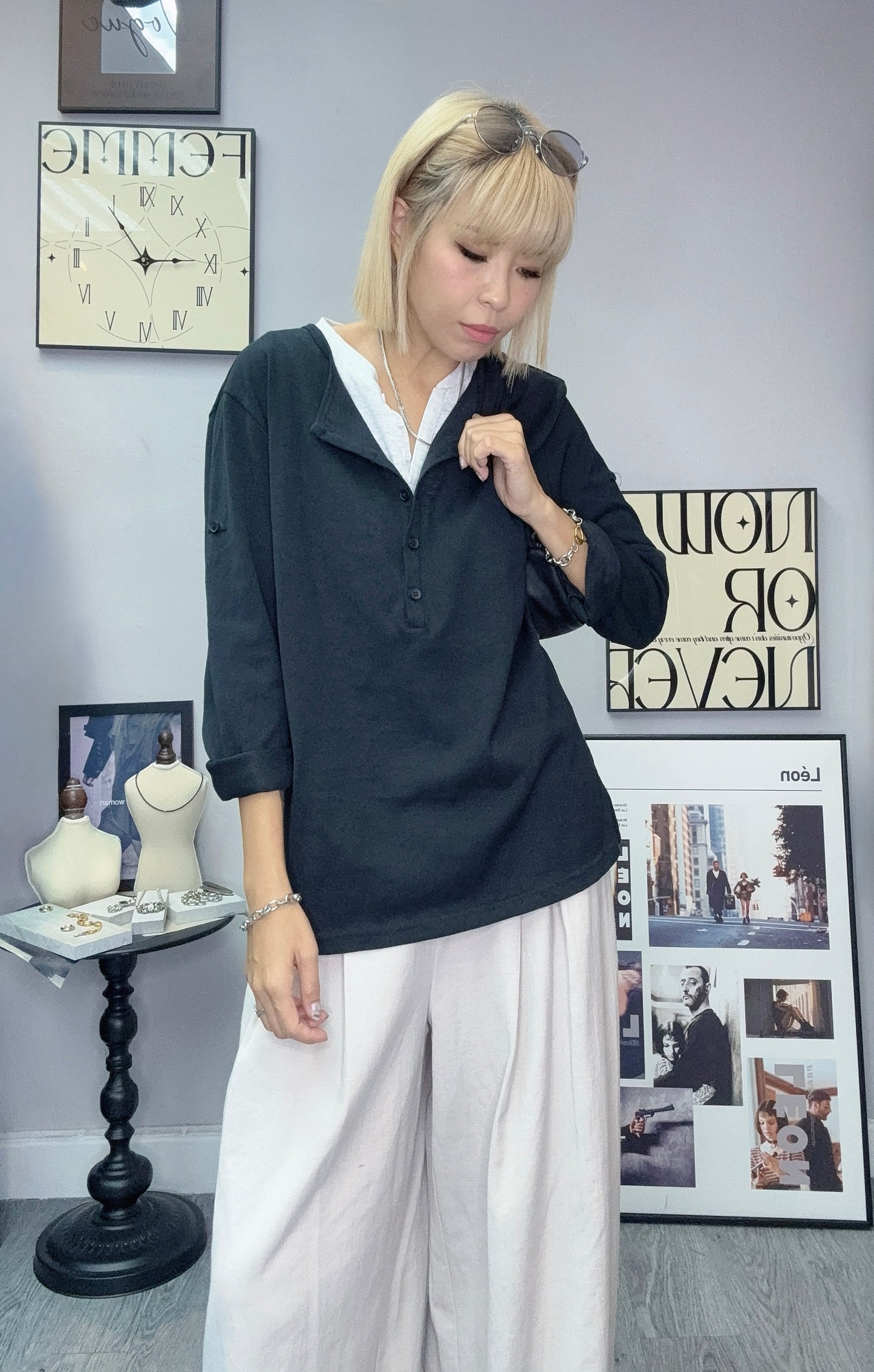 Fake two pieces long sleeves cotton tee