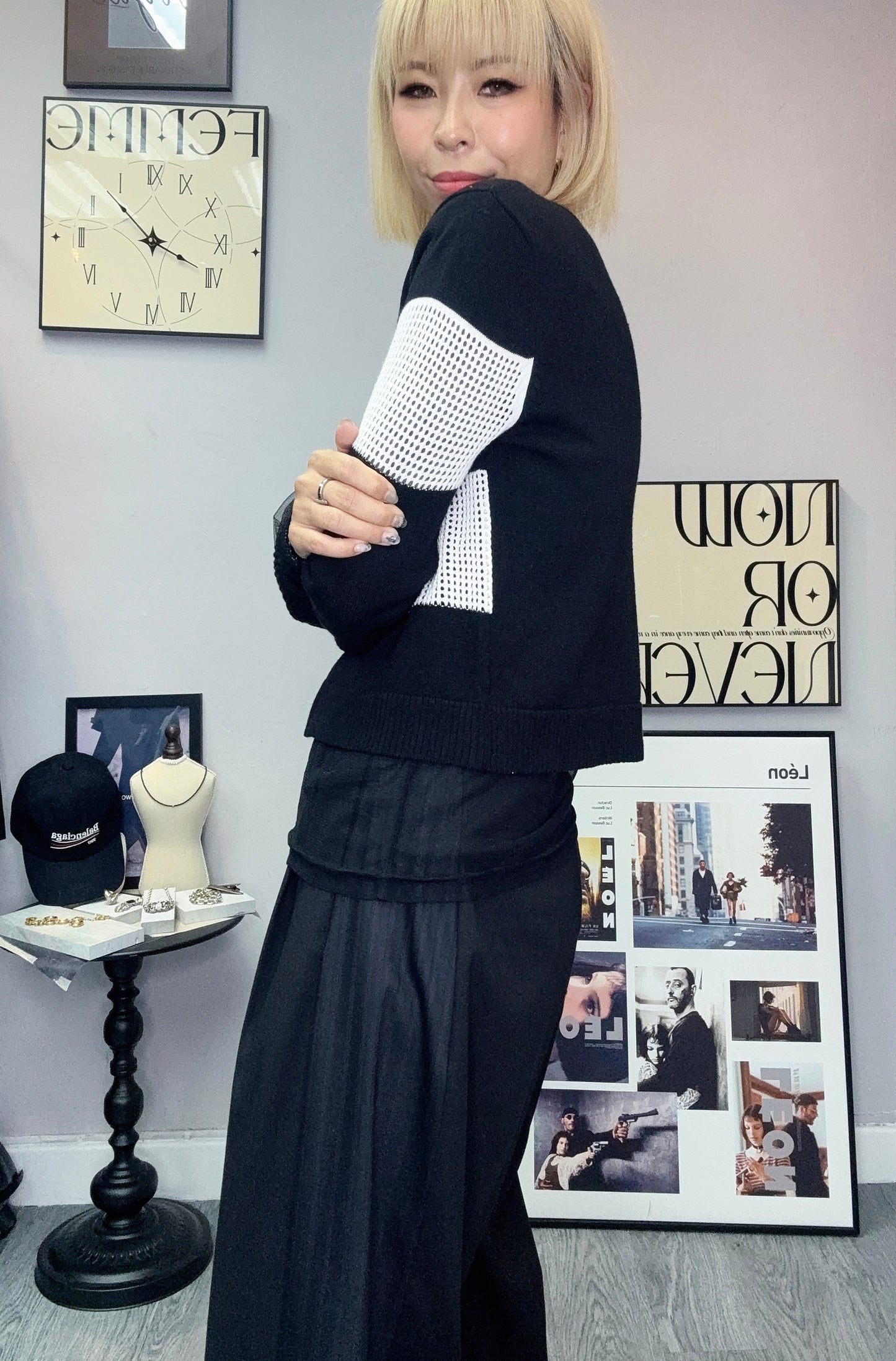 Black and white knit cardigan