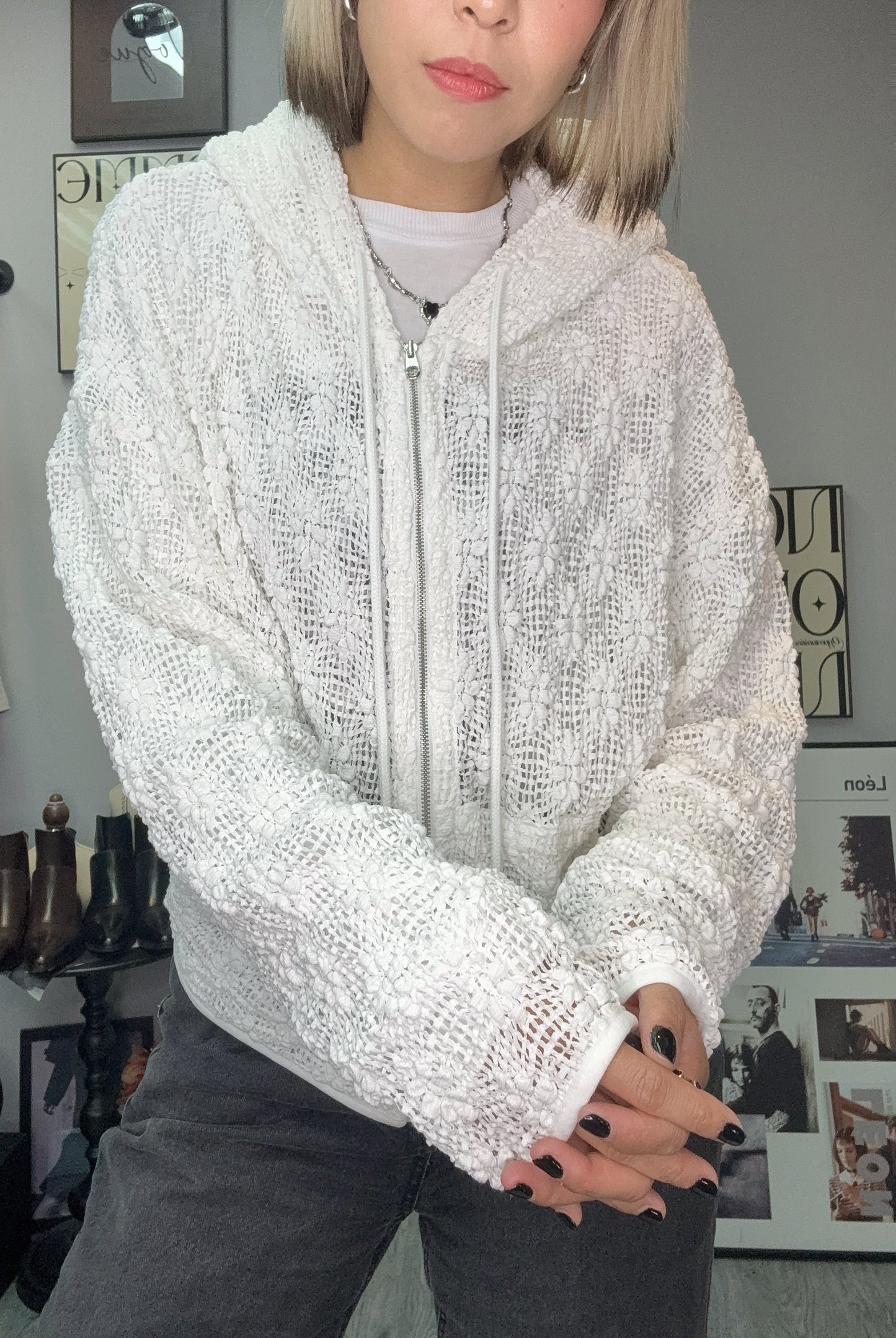 With hat full lace zip cardigan