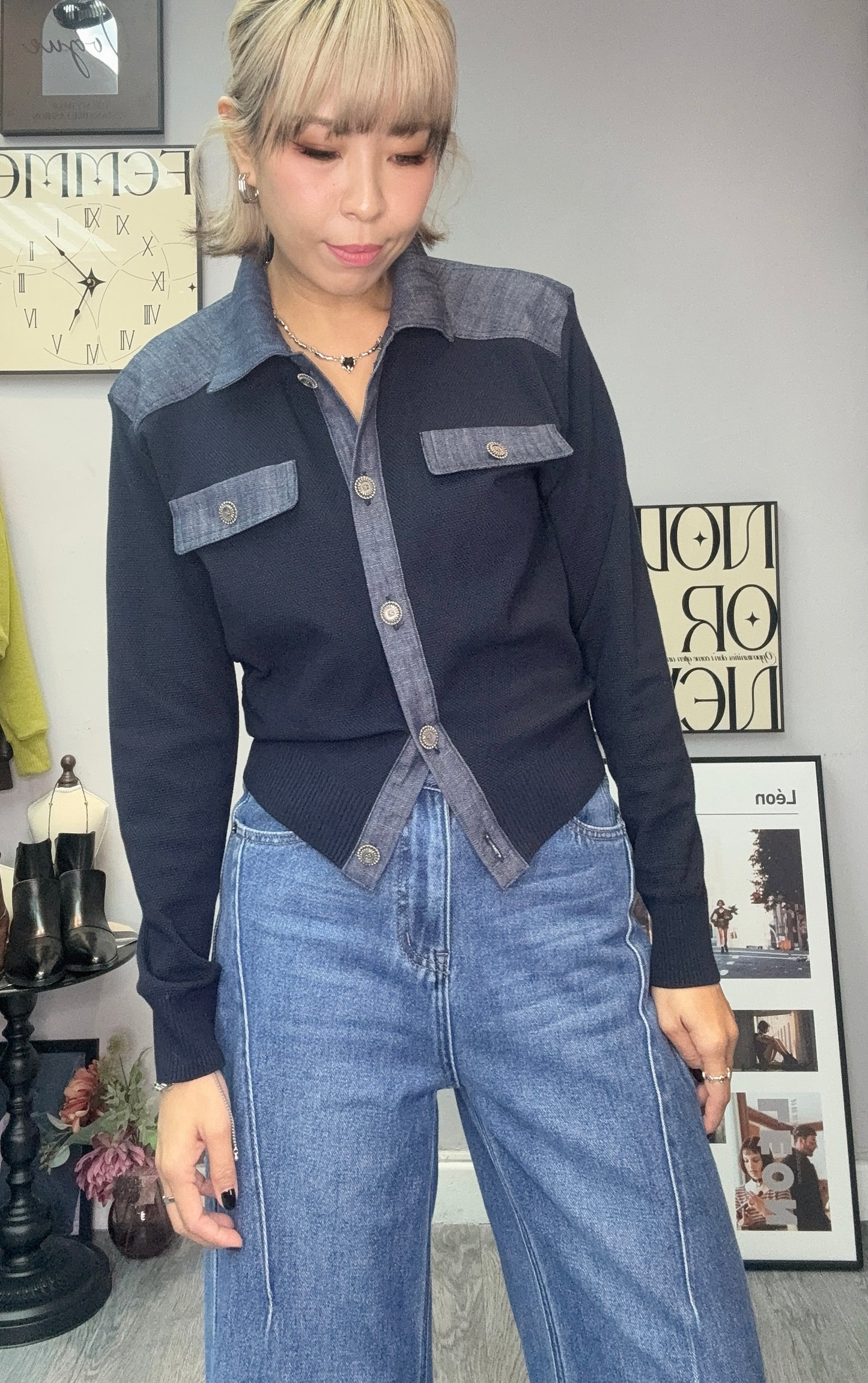 Denim X knit cardigan