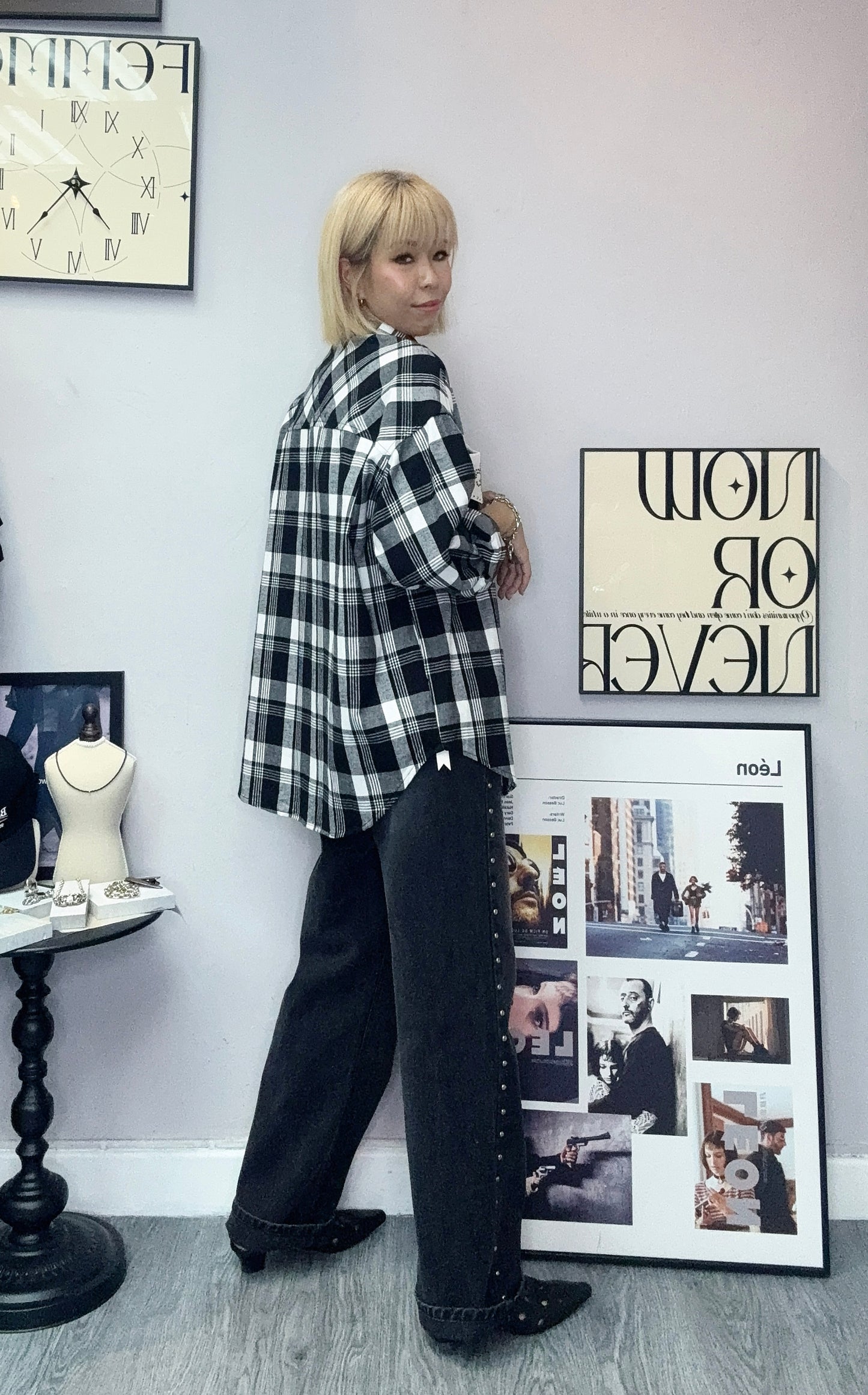 Bean collar big grid shirt