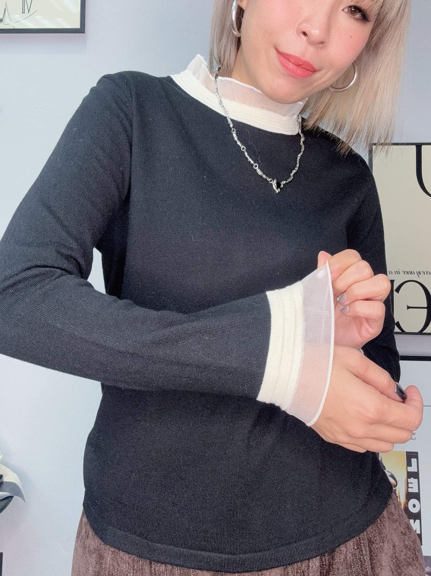 Ruffle stand collar cotton tee #00081