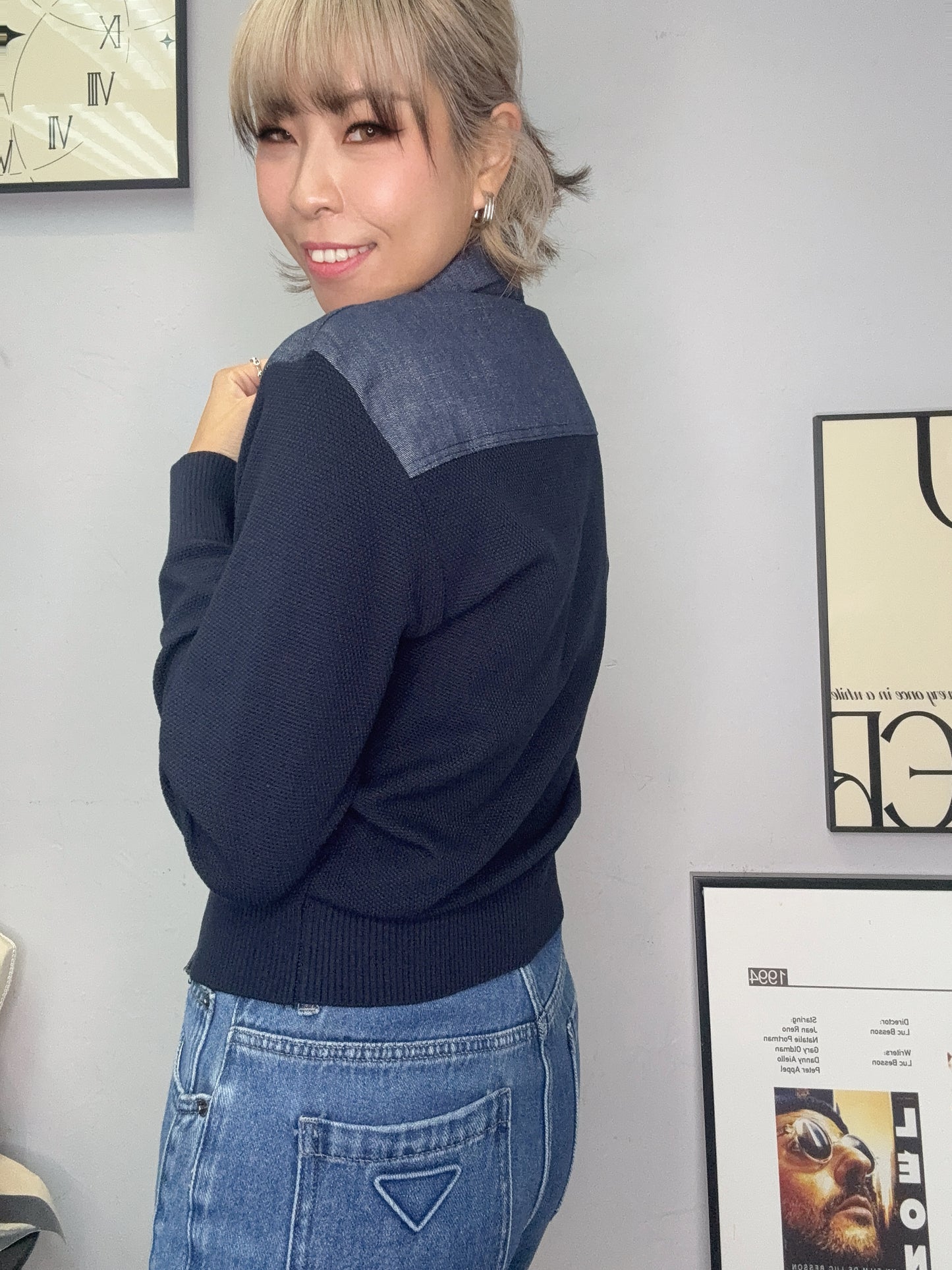 Denim X knit cardigan