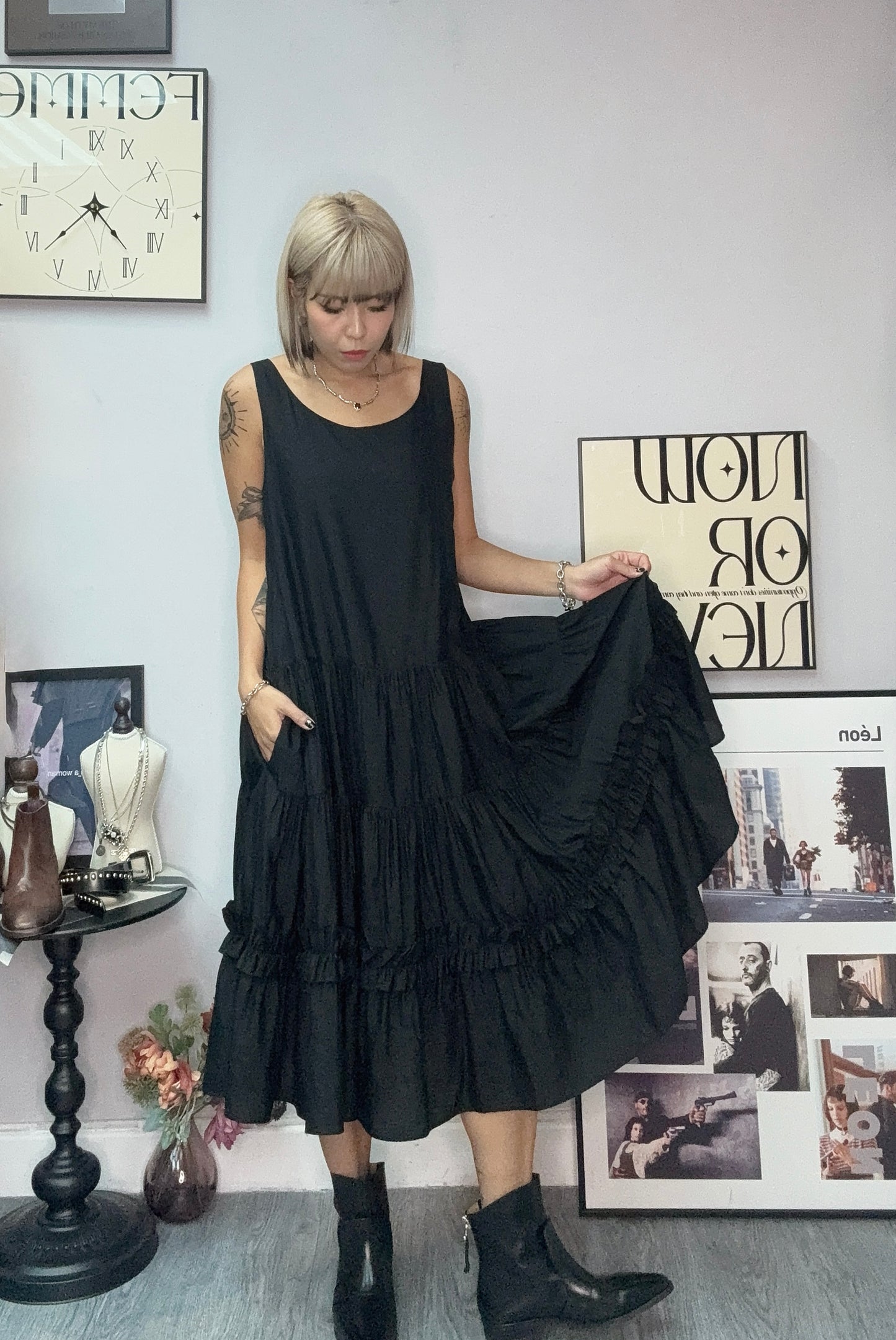 Ruffle hem plain vest dress