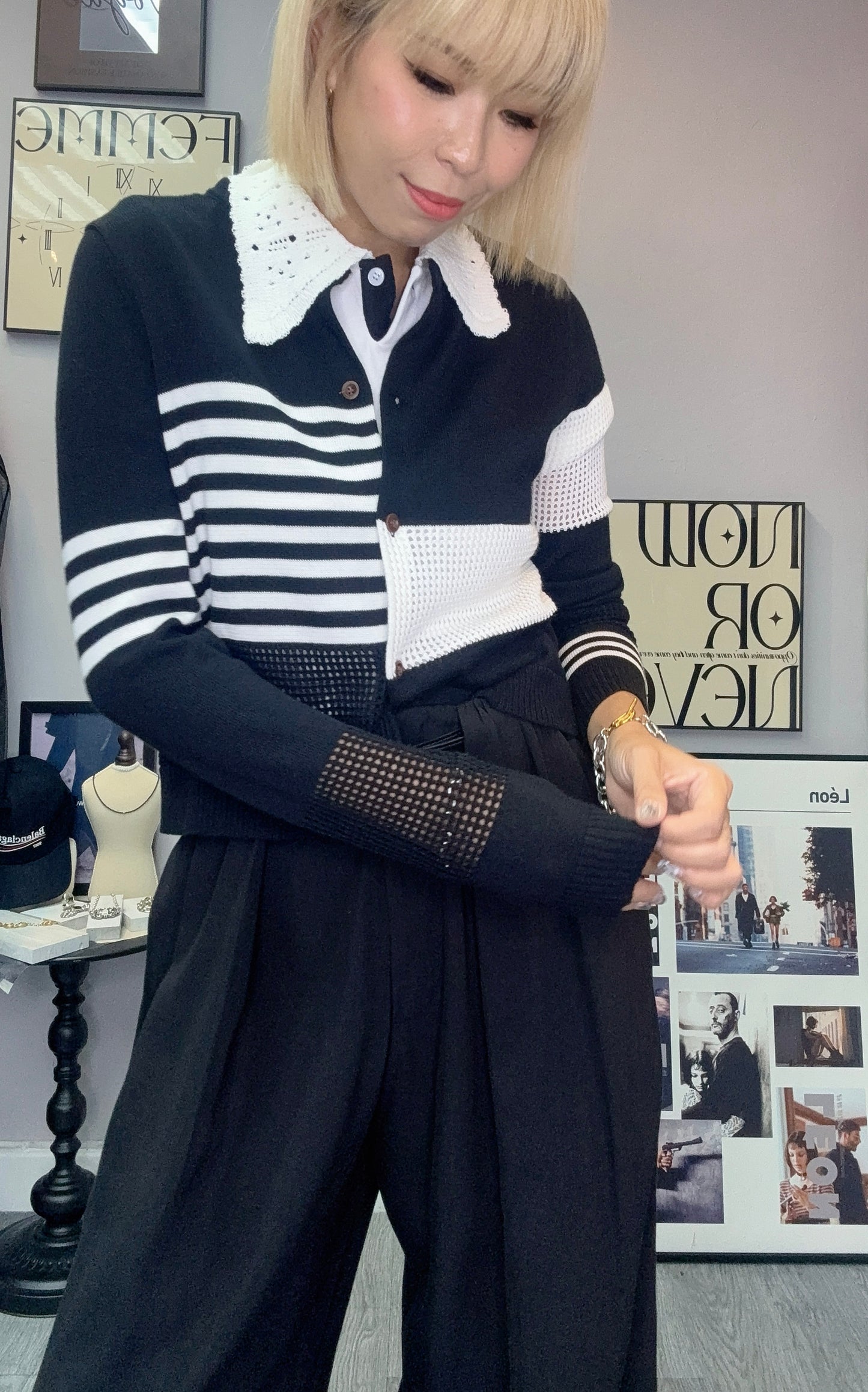 Black and white knit cardigan