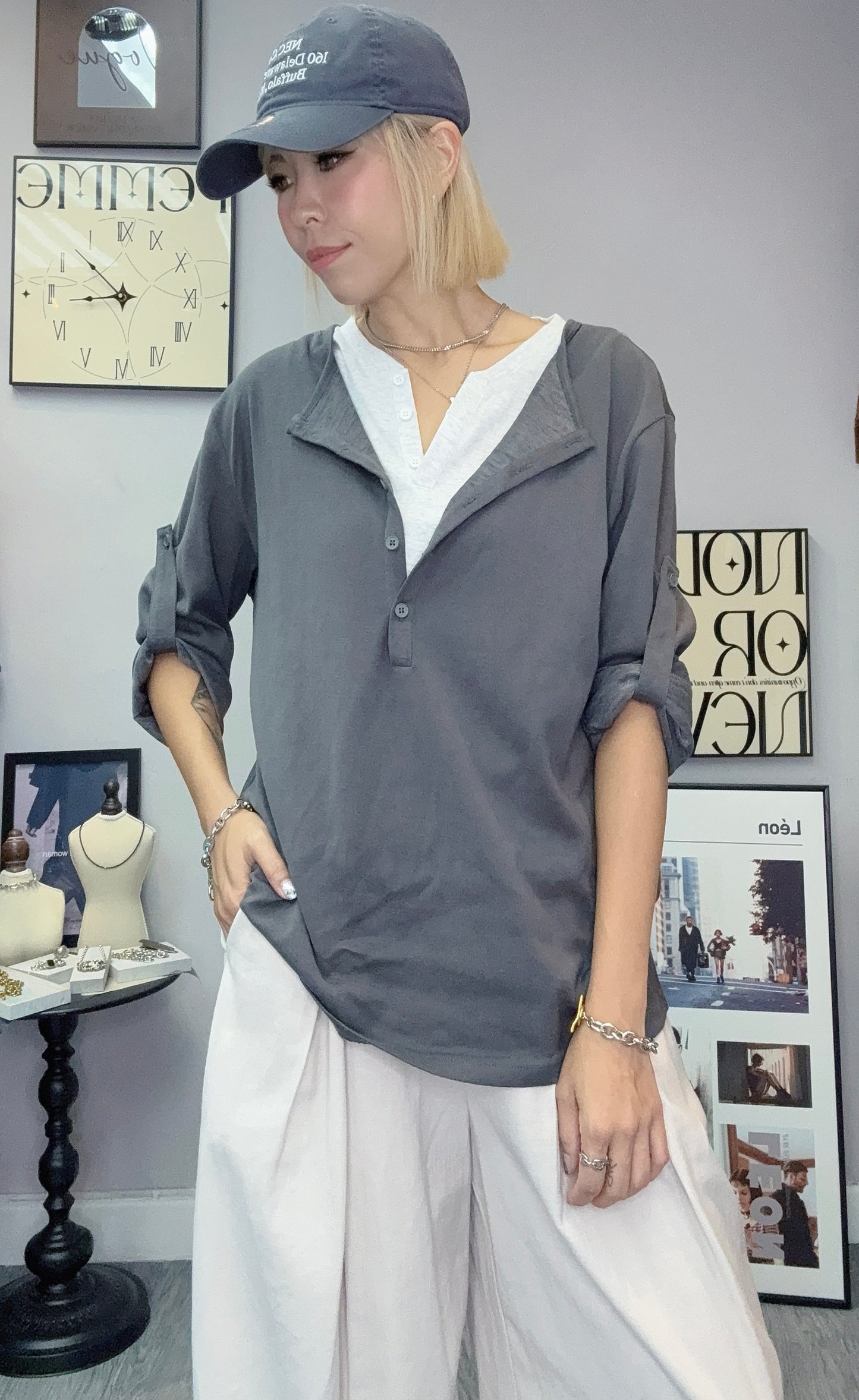 Fake two pieces long sleeves cotton tee