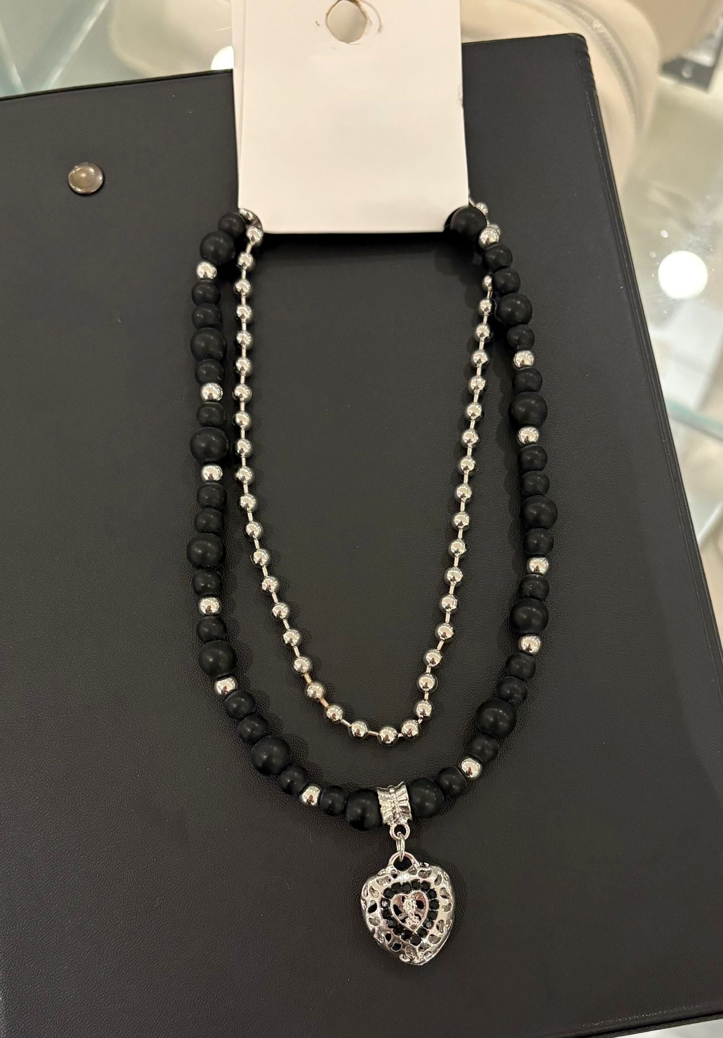 Silver heart X beaded necklace set