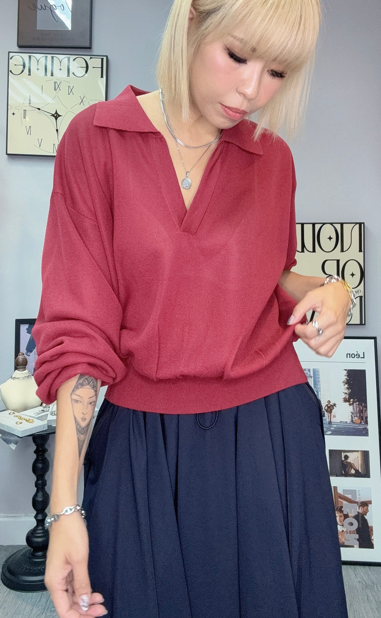 Polo knit long sleeves top