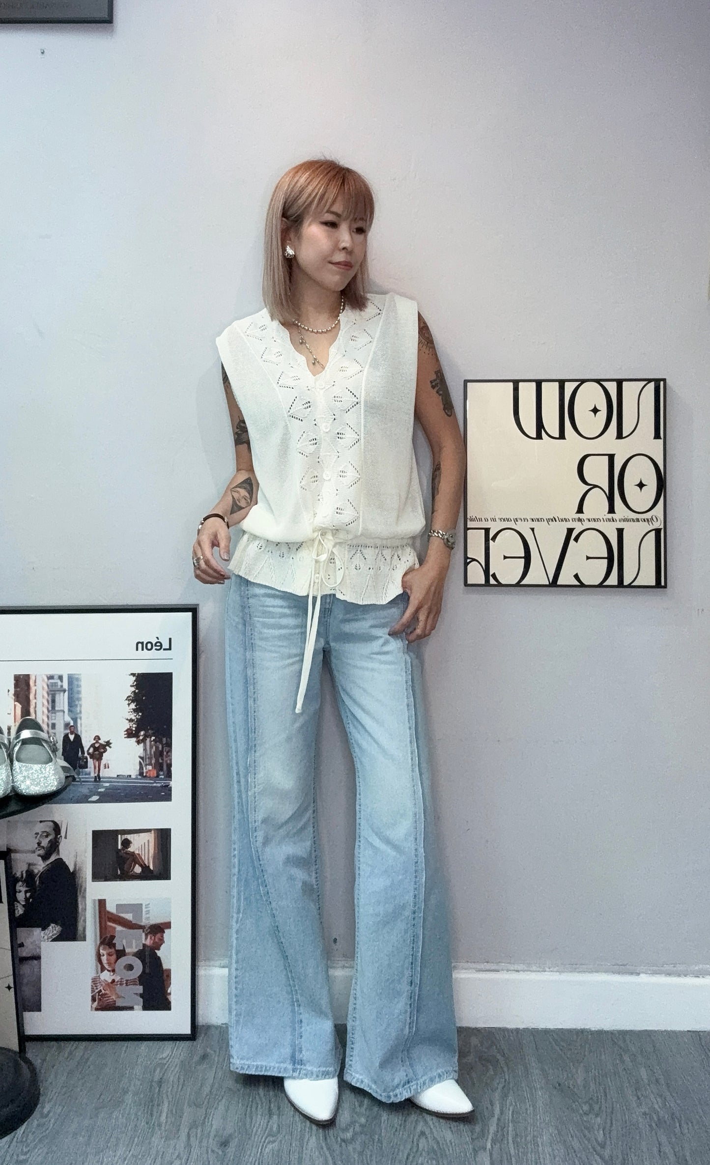 Embroidery hem knit sleeveless #00683