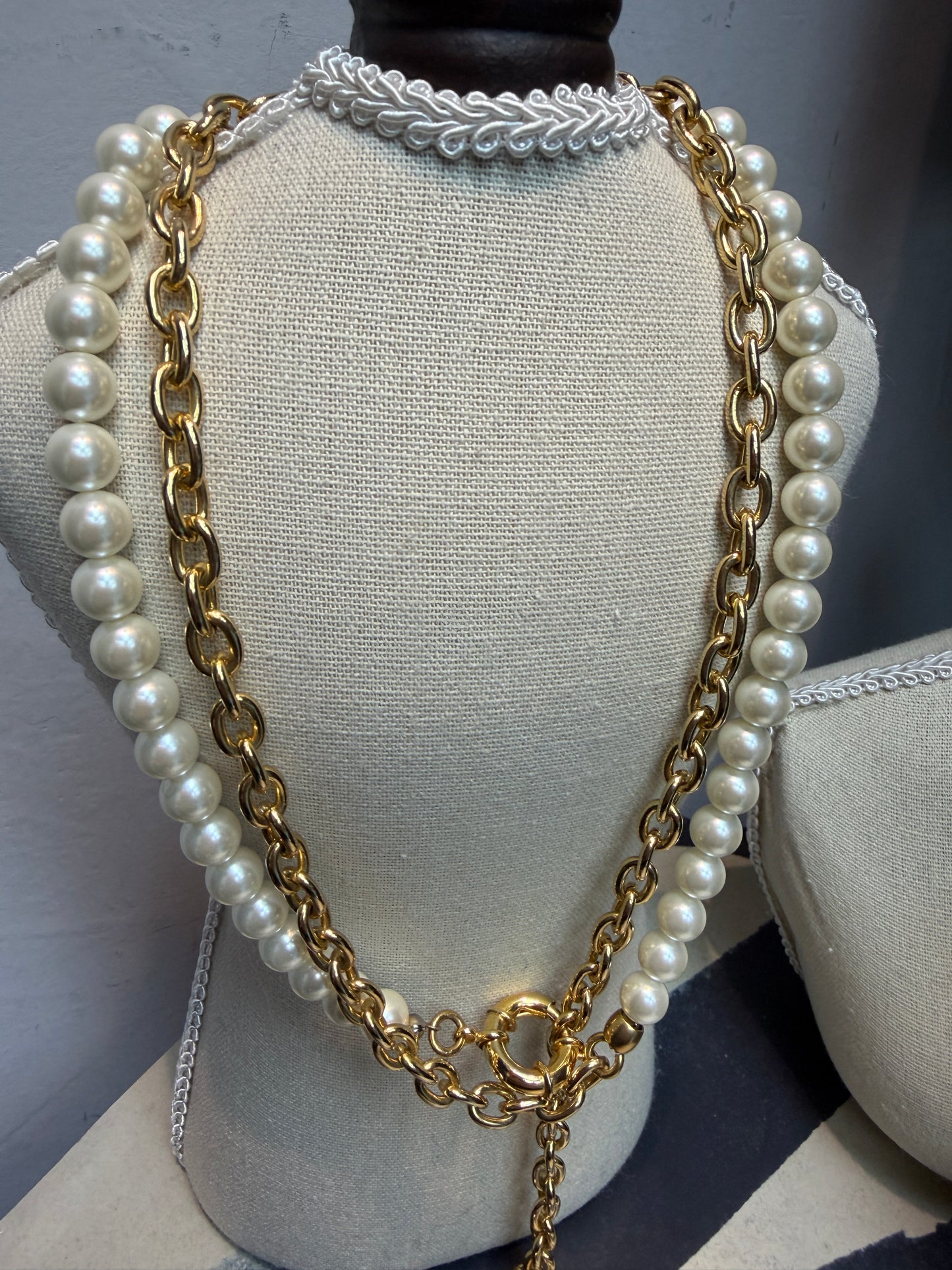 Pearl X gold chain long necklace