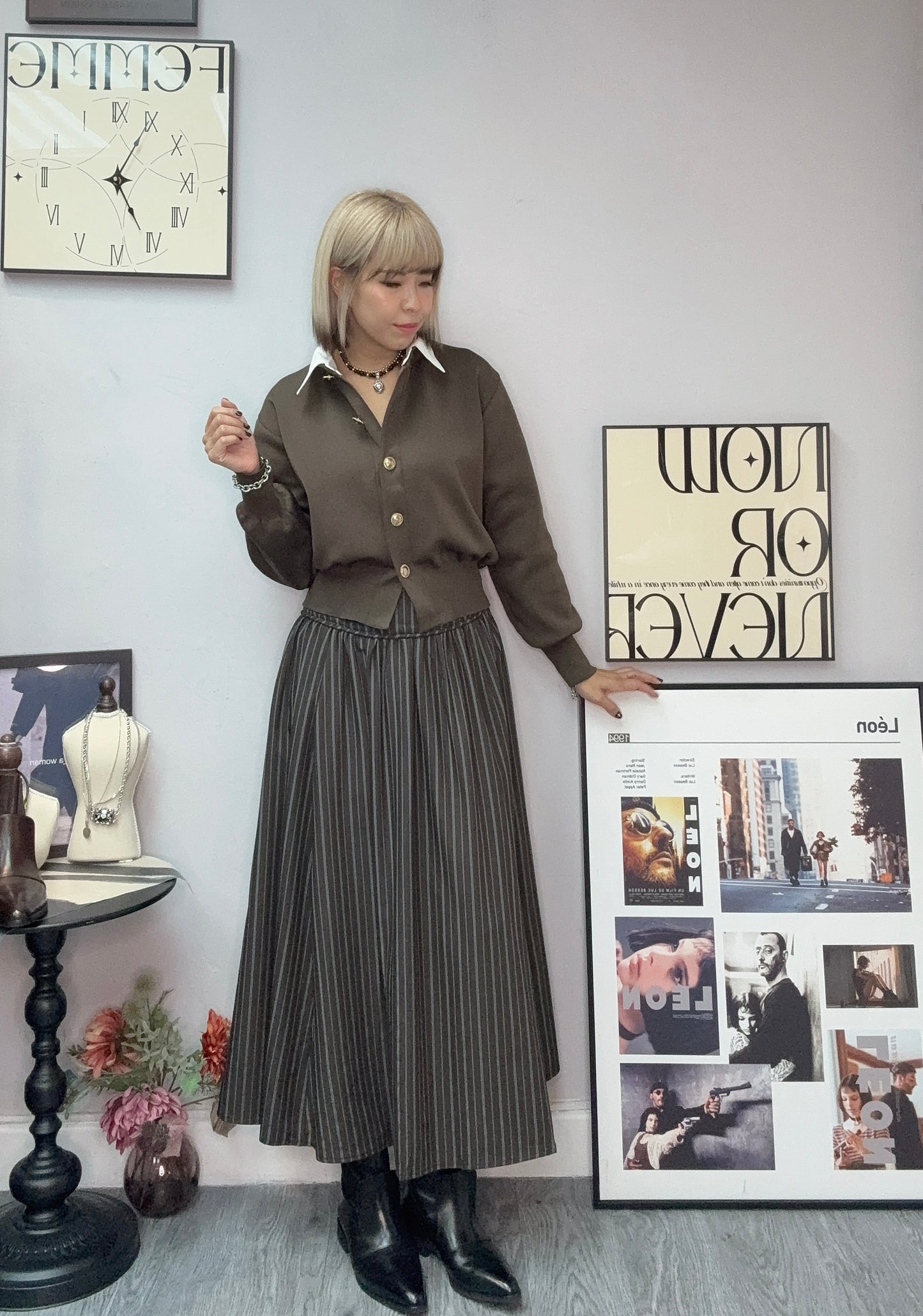 Shirt collar gold button cardigan