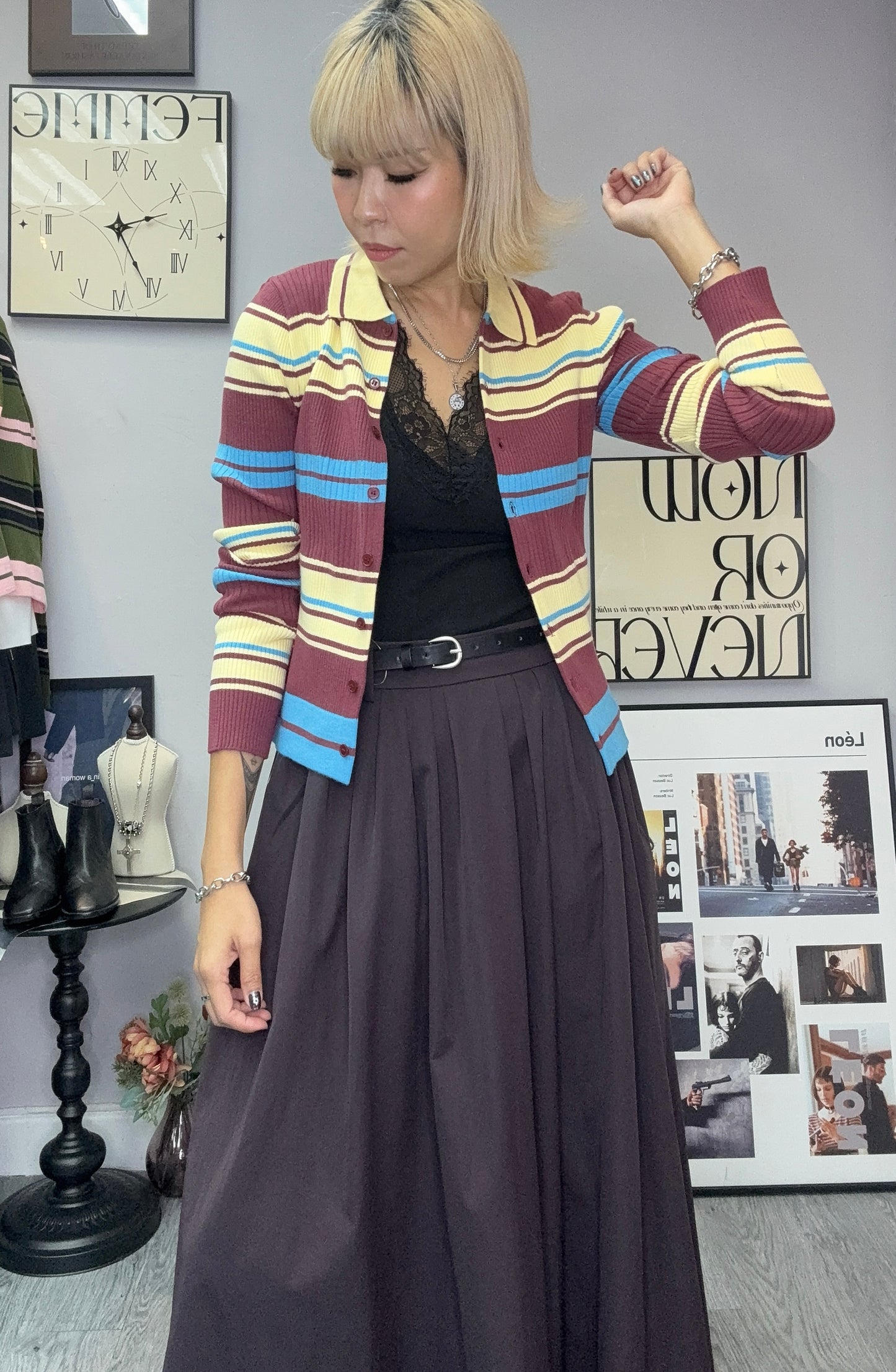 Striped fine knit cardigan