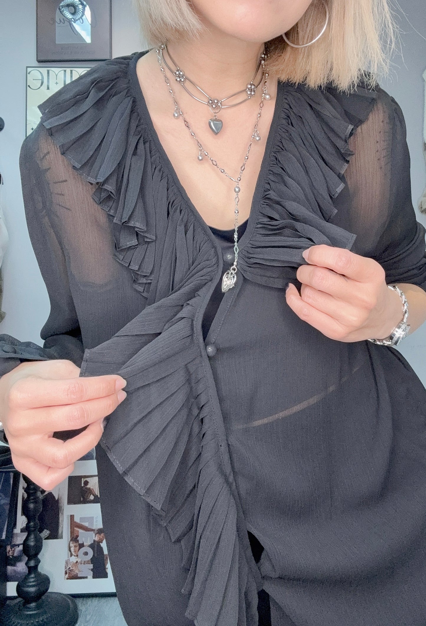 Pleated ruffle v neck chiffon top #00335