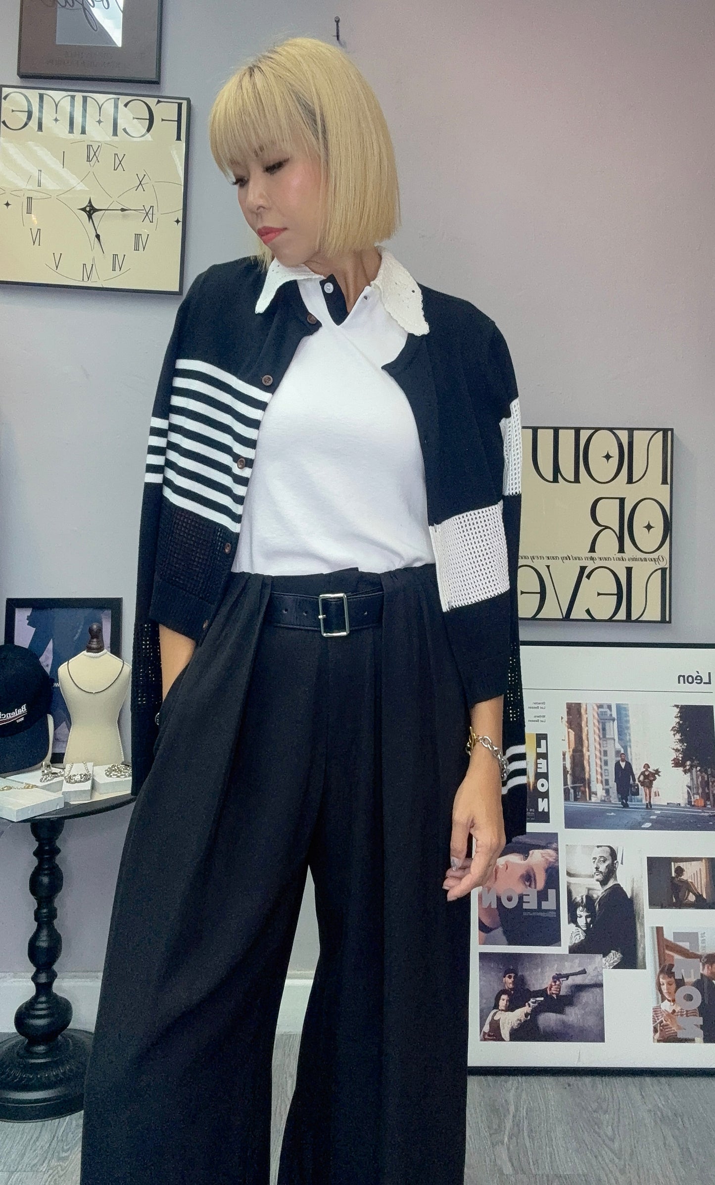 Black and white knit cardigan