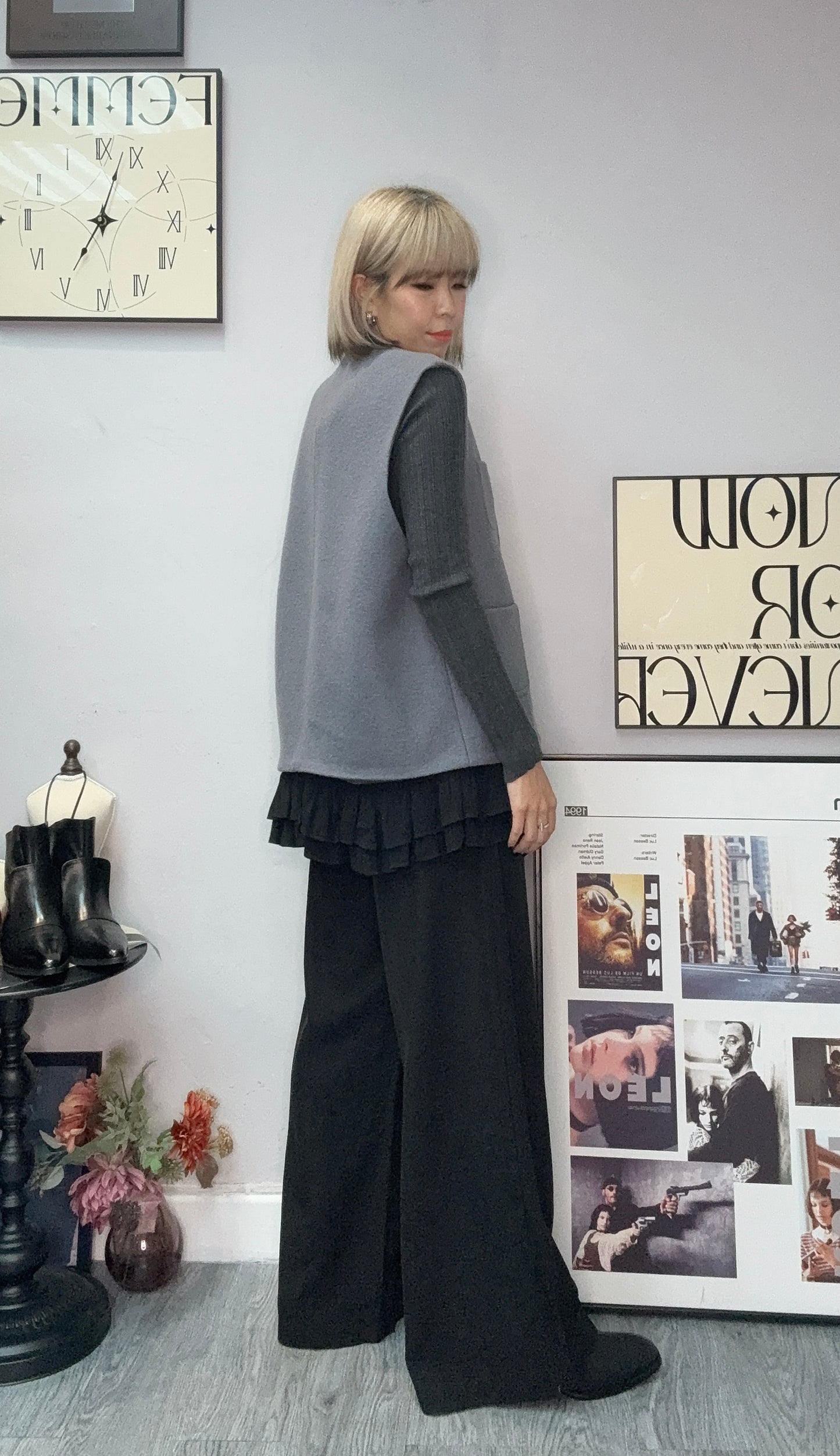 Pleated hem vest wool jacket