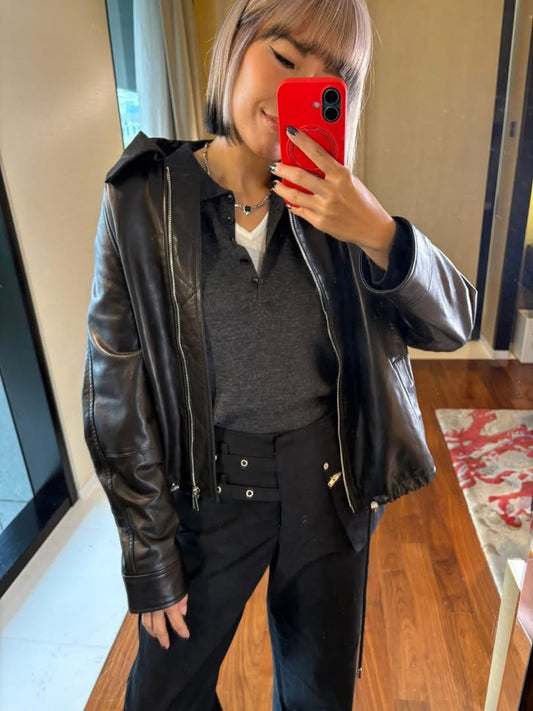 Shirt collar leather zip jacket