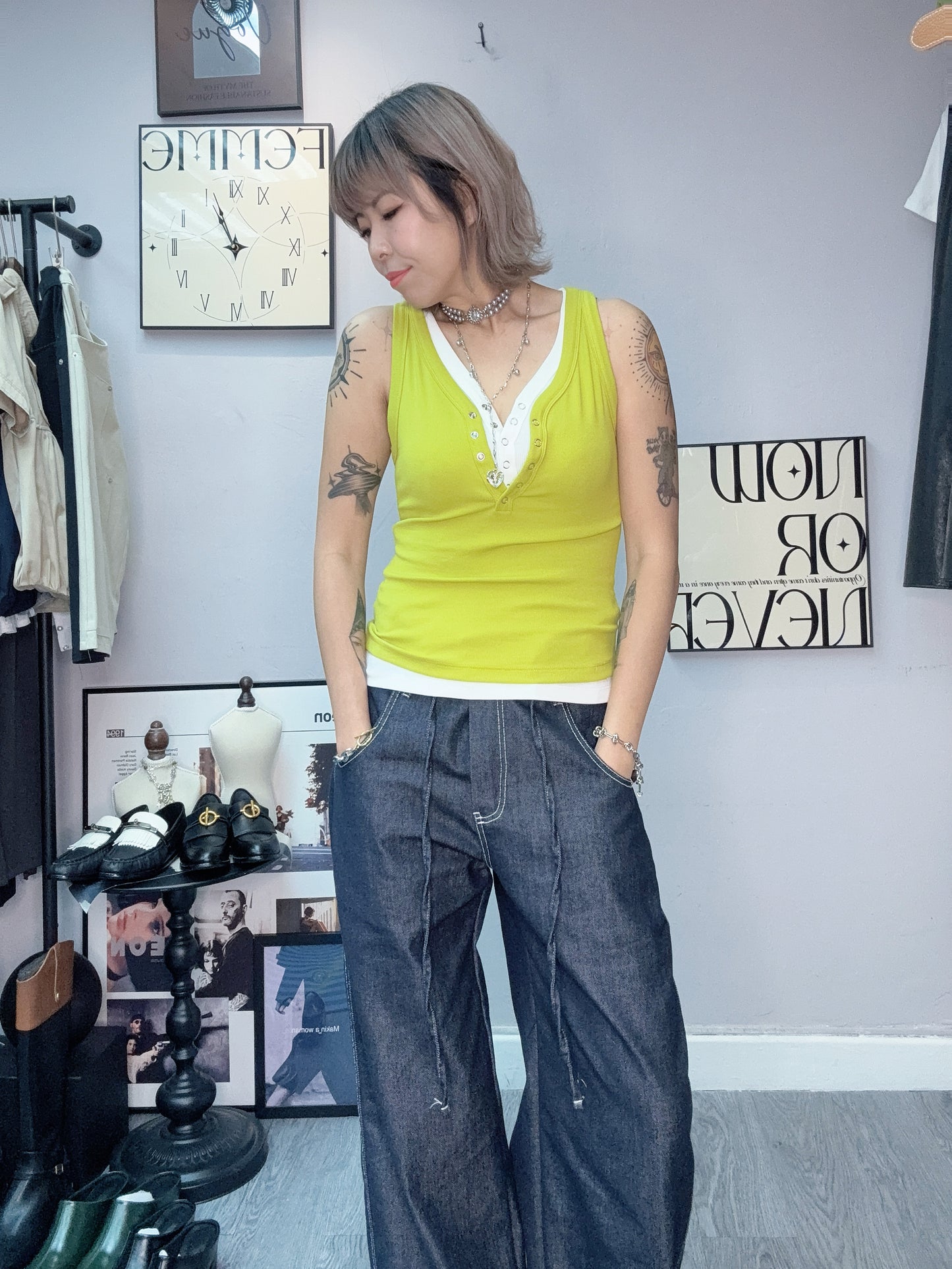 Front buttons rib vest tee #00412