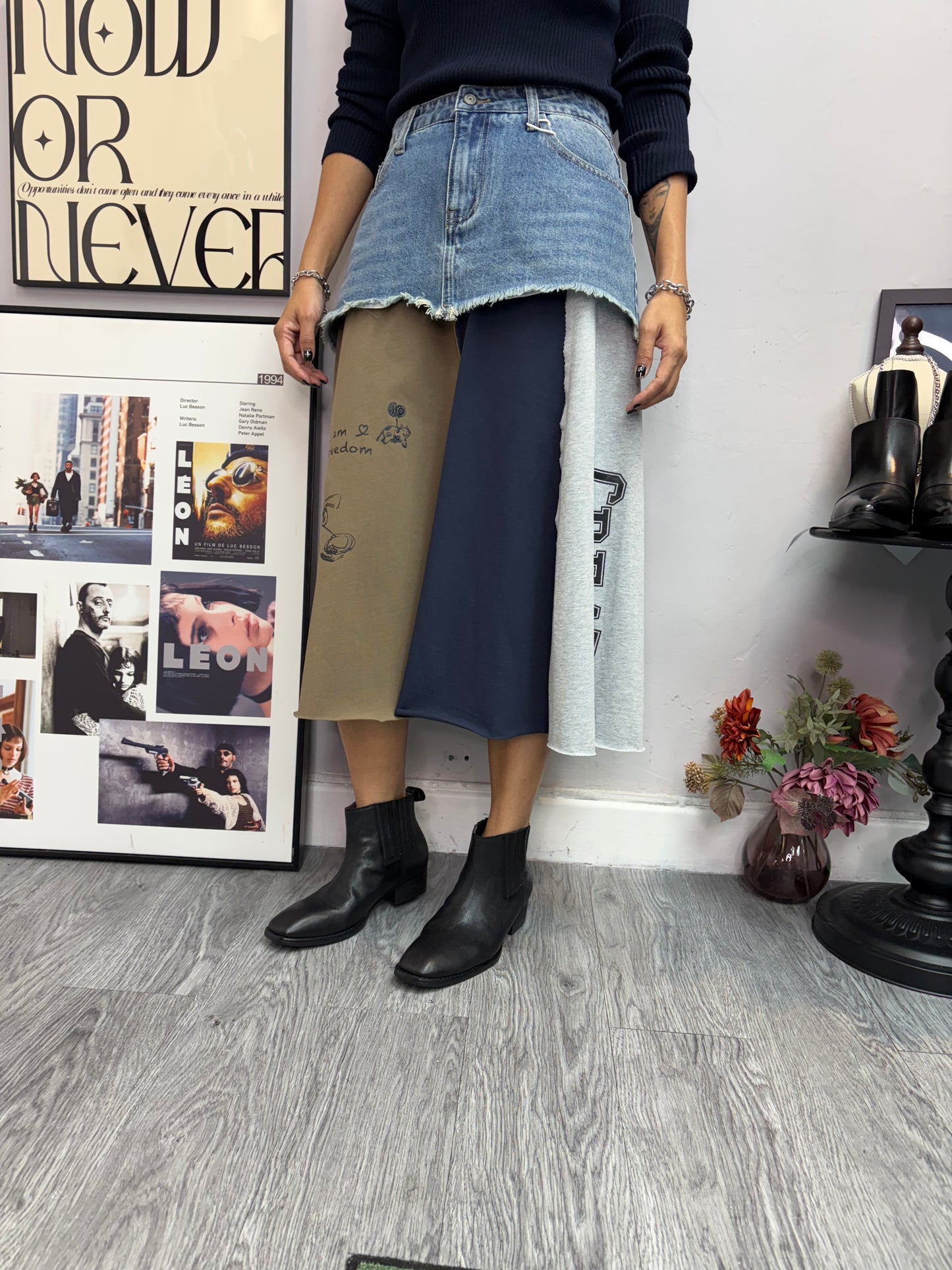 Denim X printed cotton skirt