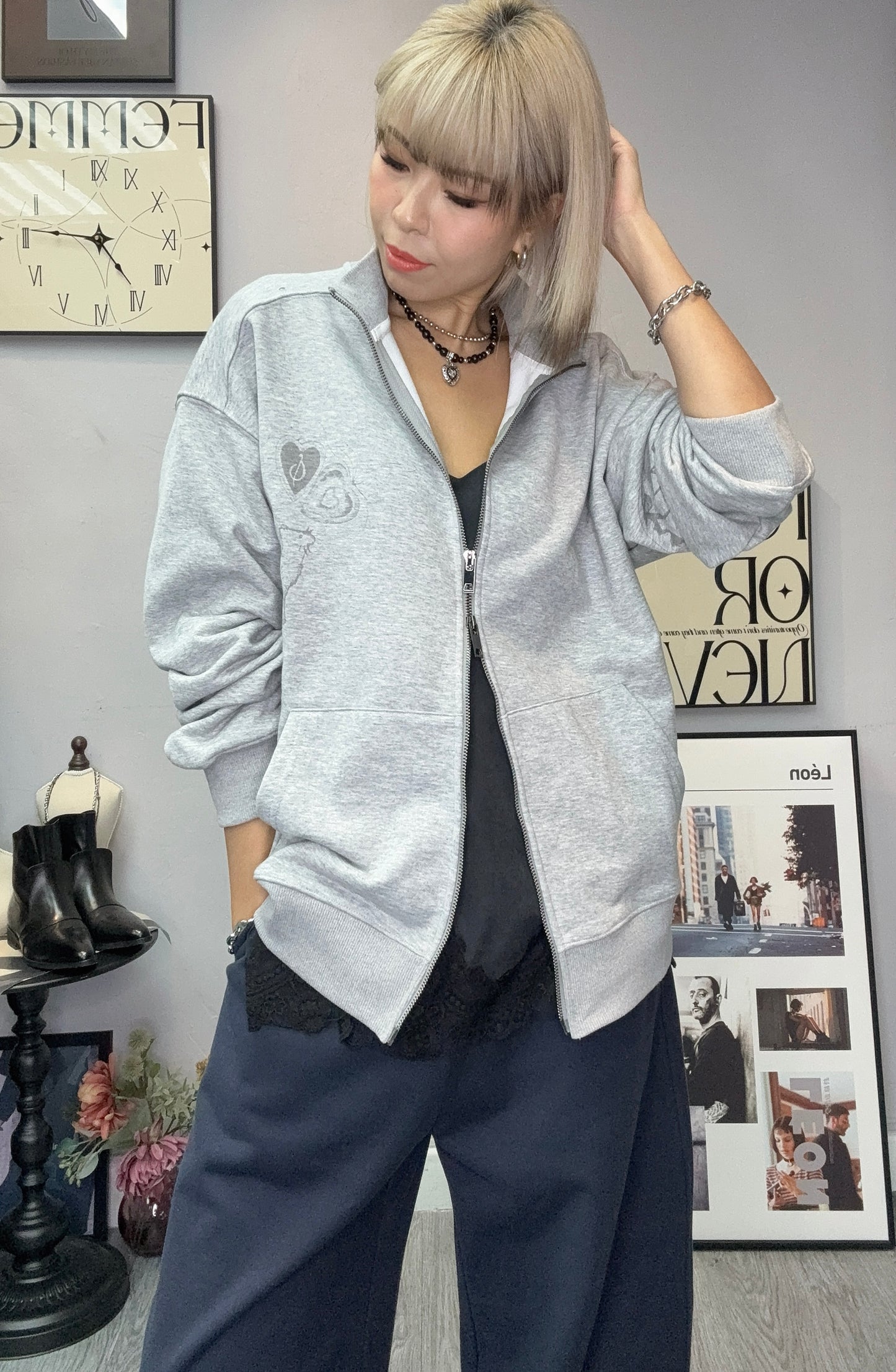 Stand collar cotton zip jacket