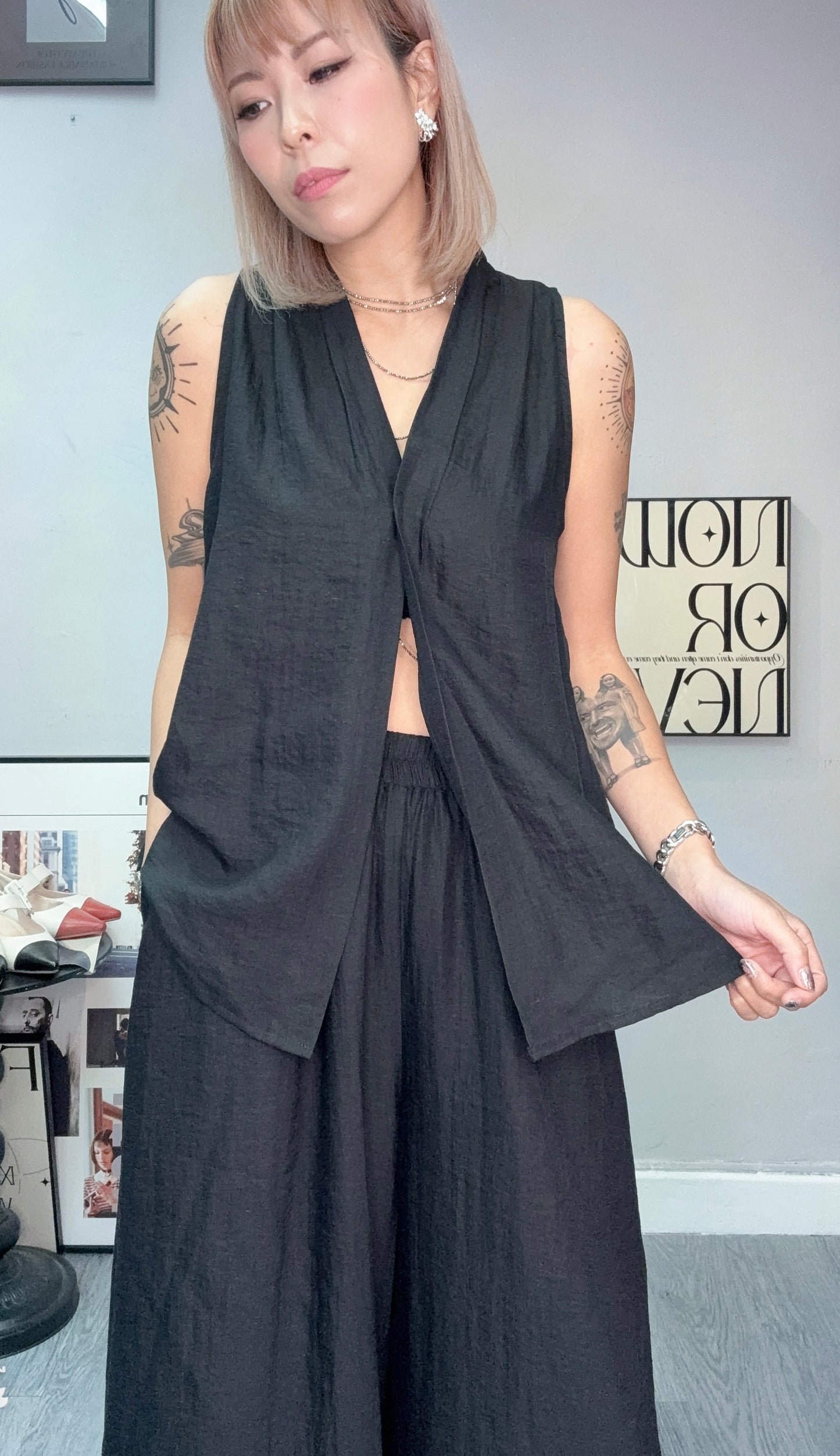 V neck tie waist tank set #00720