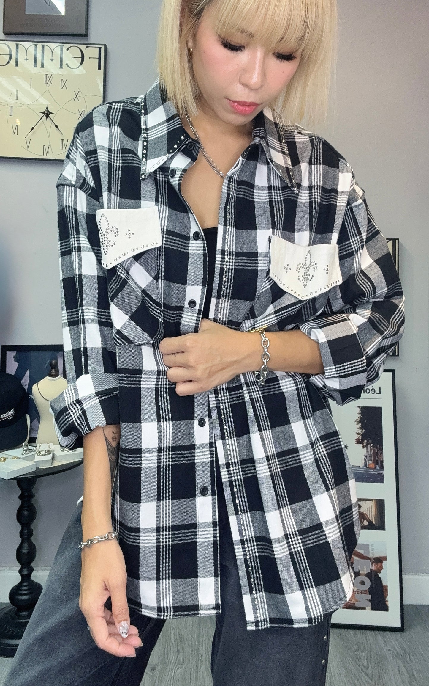 Bean collar big grid shirt