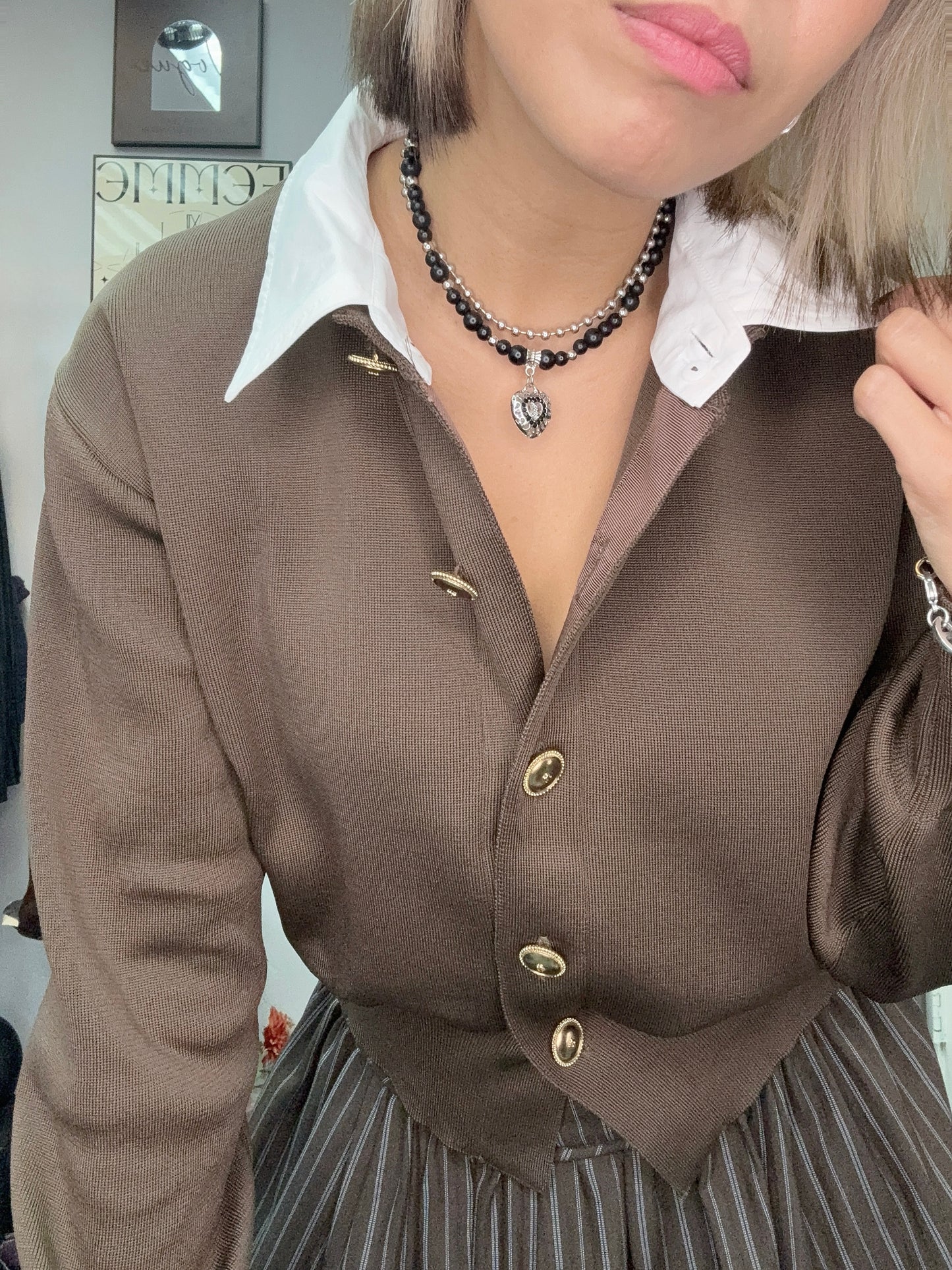 Shirt collar gold button cardigan