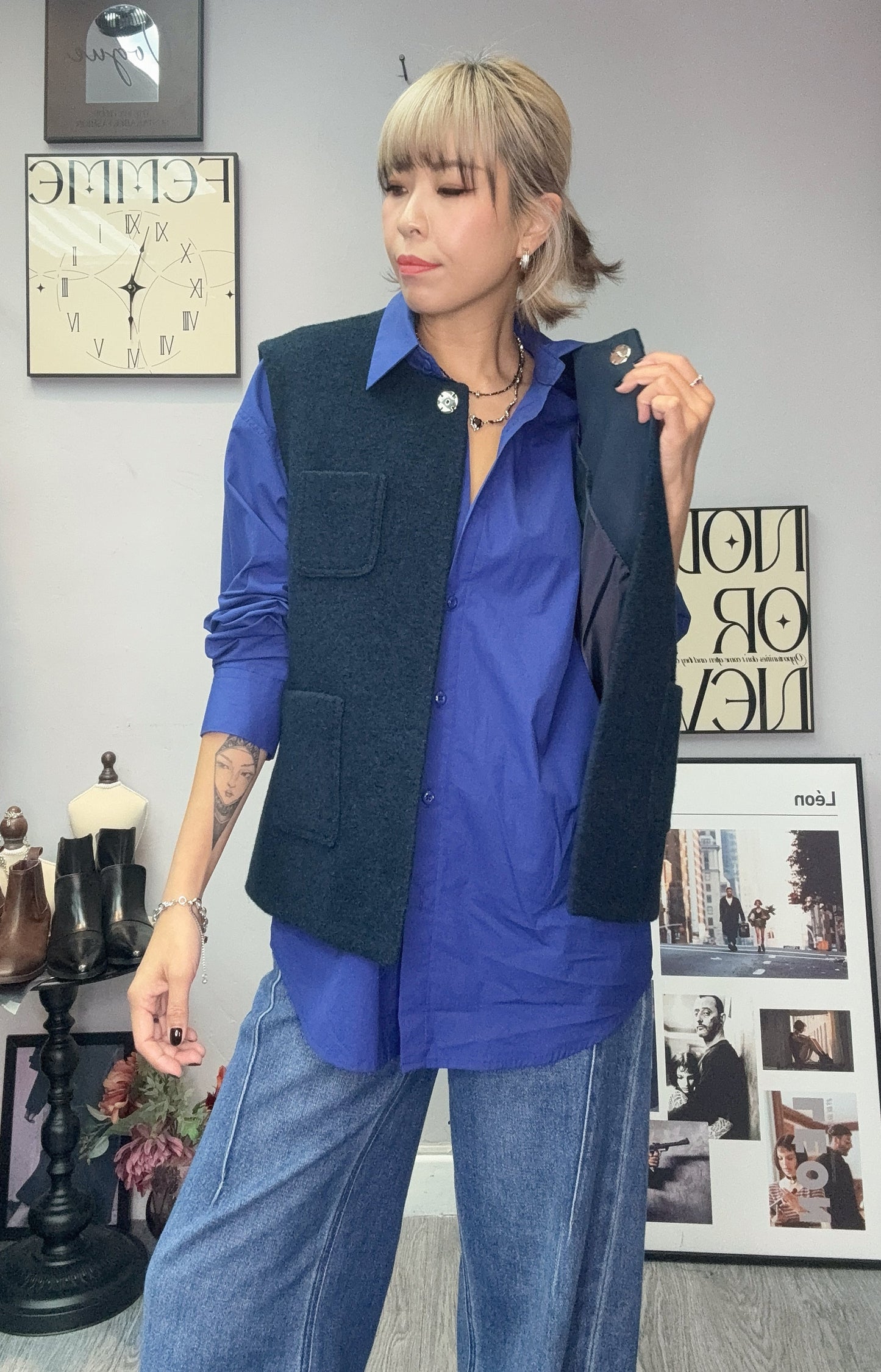 Pleated hem vest wool jacket