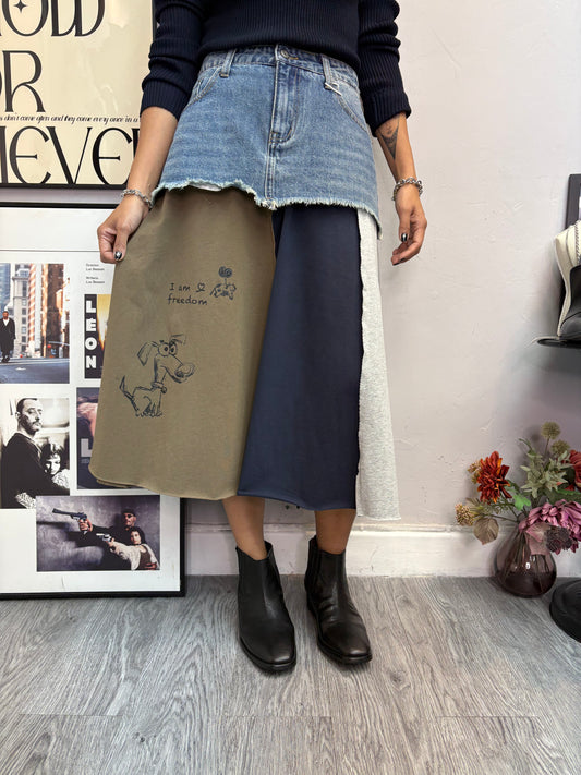 Denim X printed cotton skirt