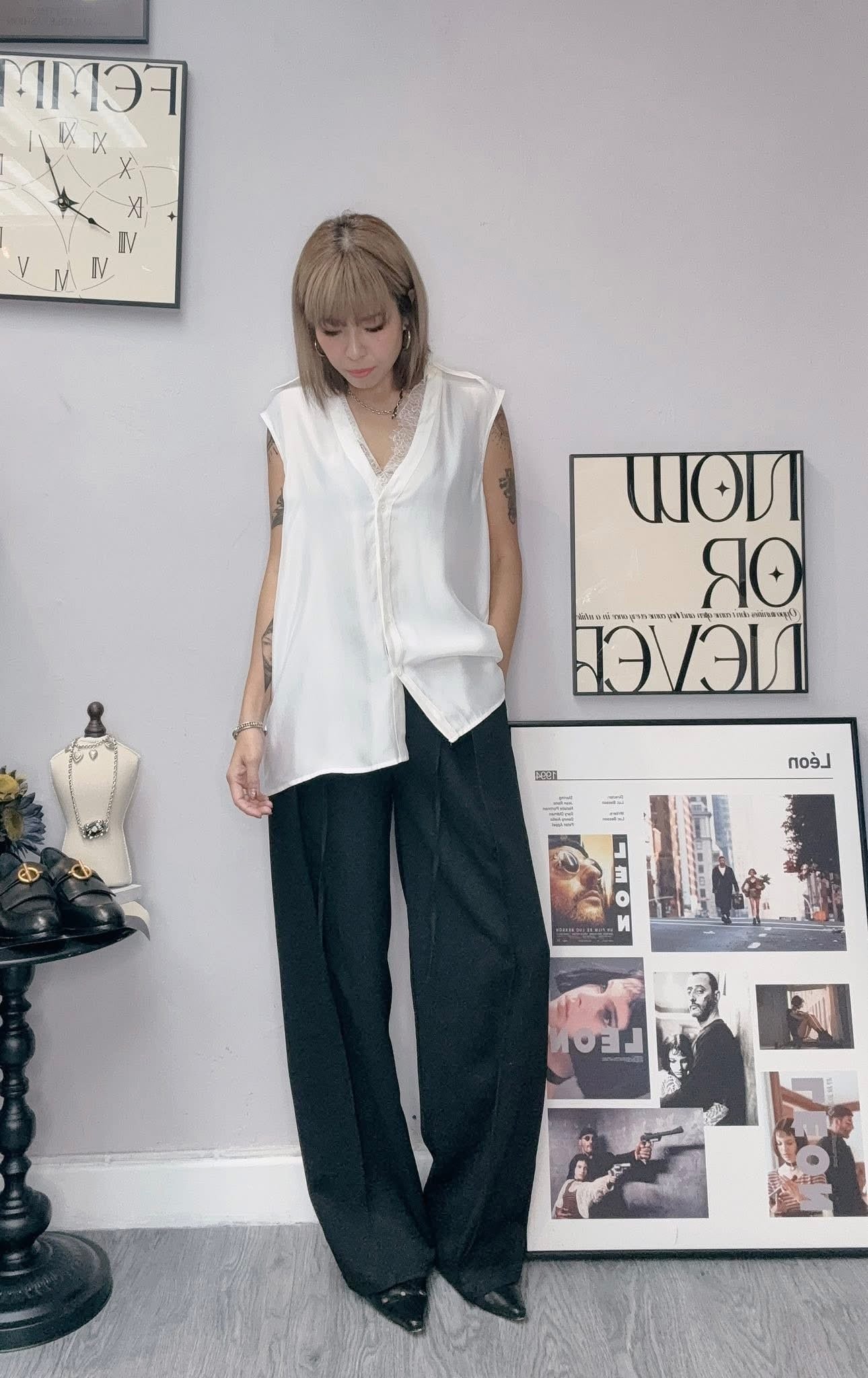 (-20% Off)Lace Neck Chiffon Blouse