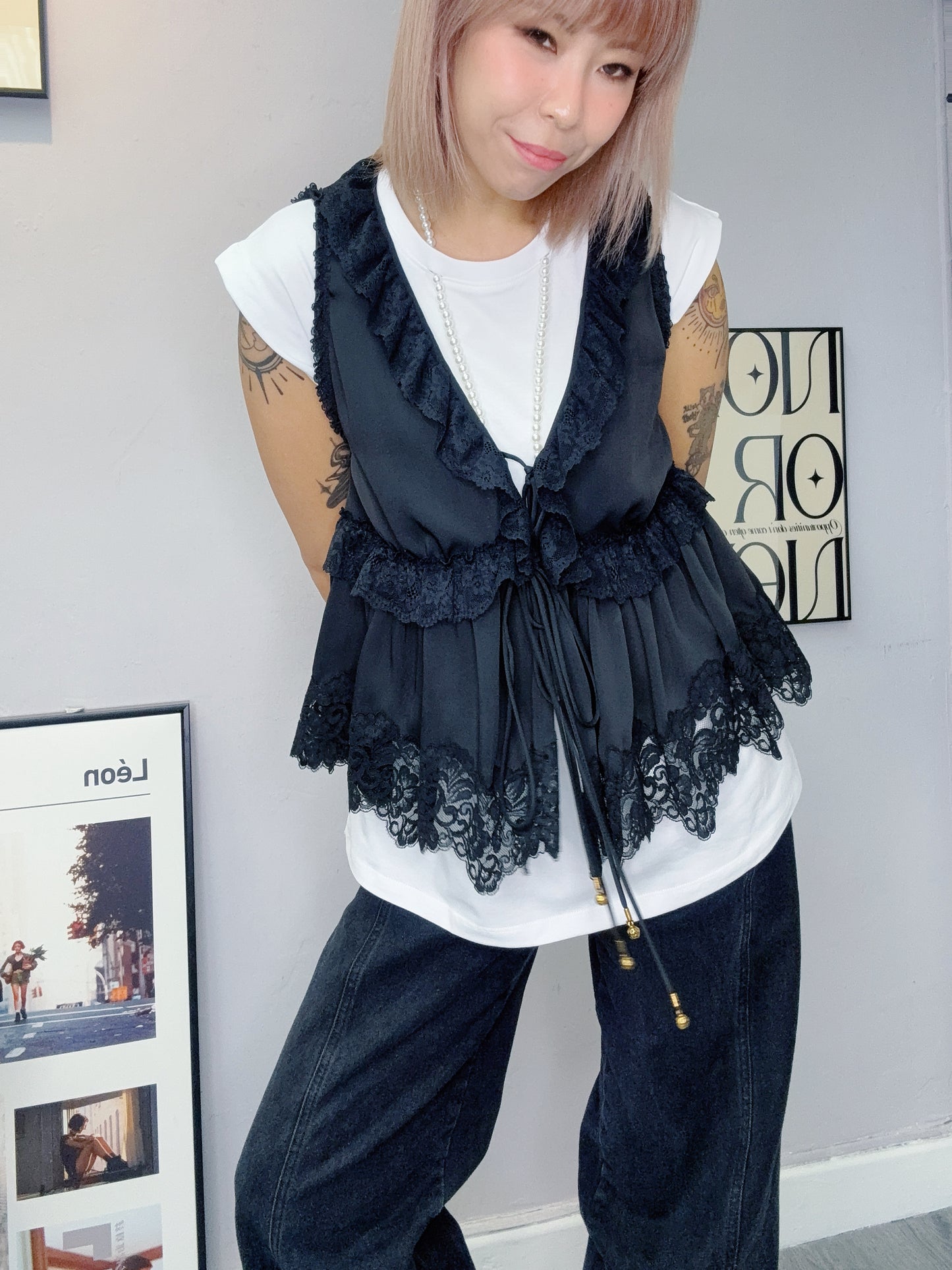 Lace ruff premium chiffon tank blouse #00623