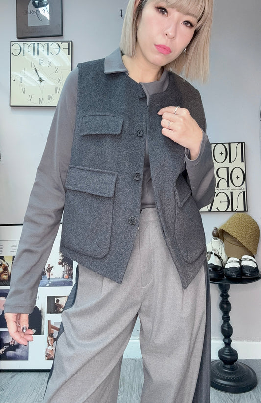 Black buttons front pocket wool X cashmere vest jacket #00258