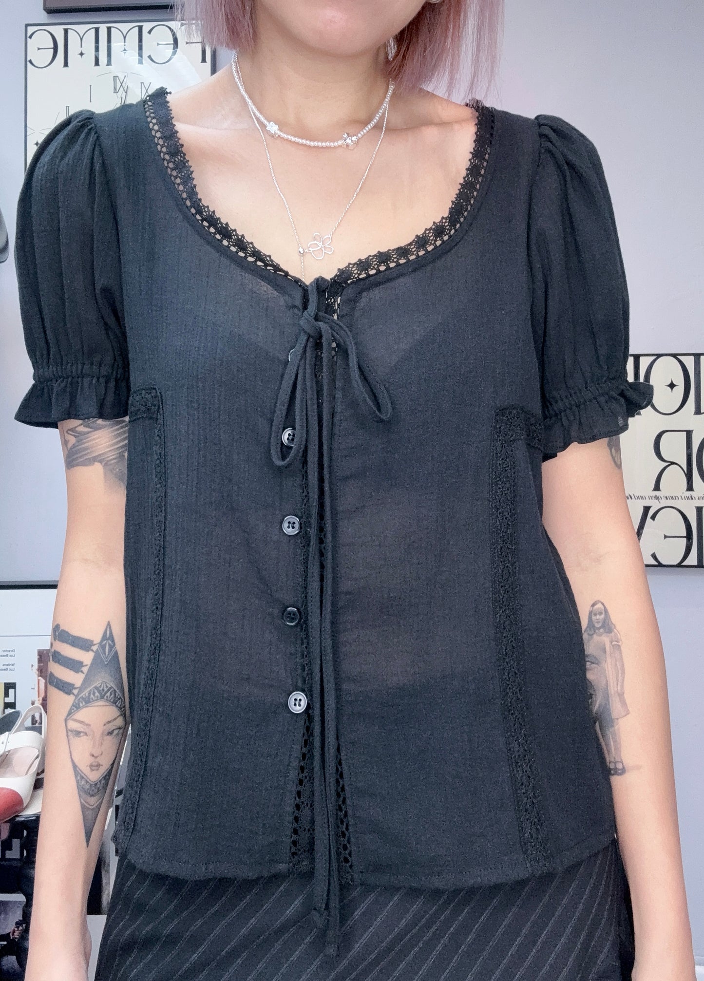 Puff short sleeves lace trim blouses #00653