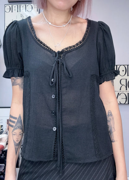 Puff short sleeves lace trim blouses #00653
